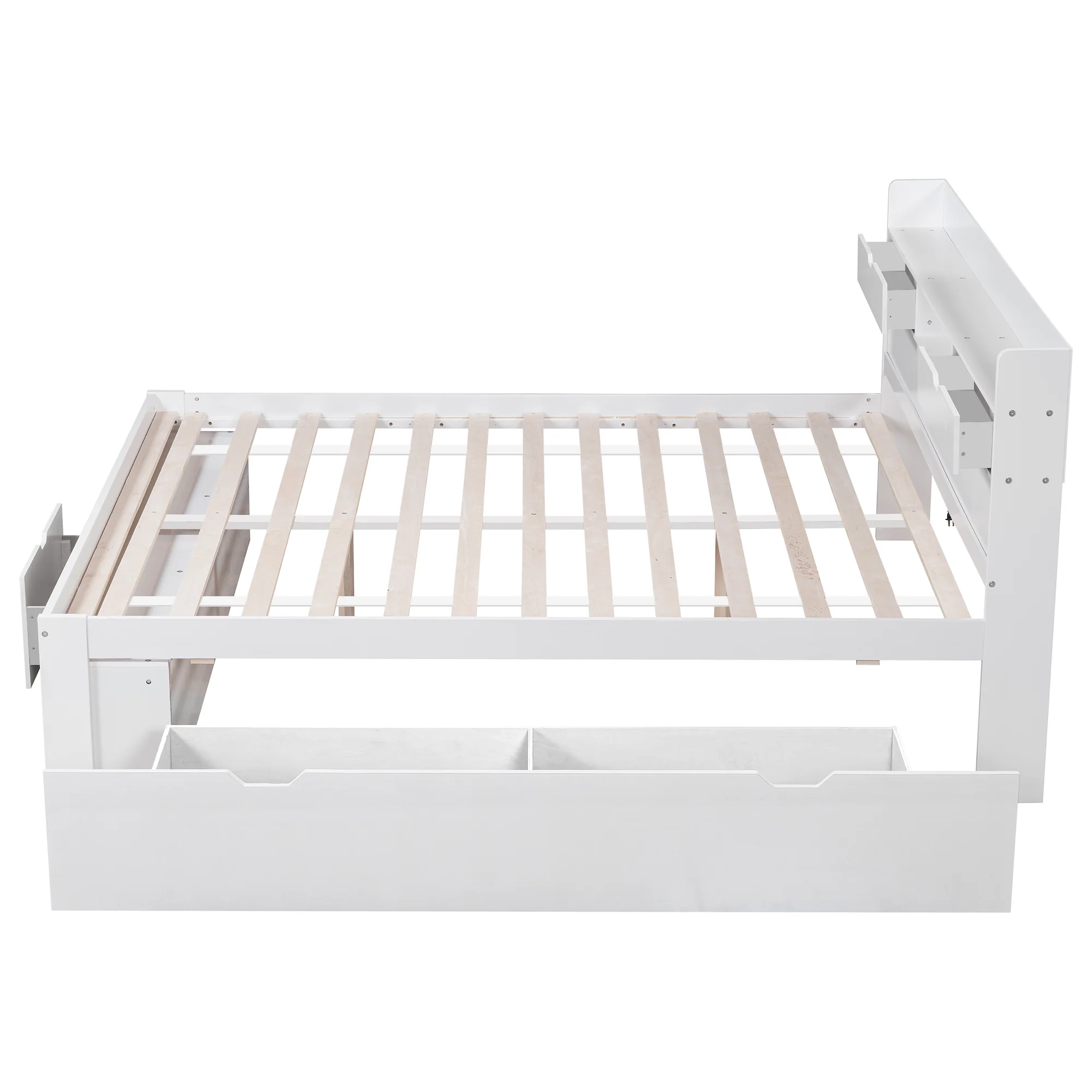 Multifunction Double Bed 135x190cm USB Port Drawers Storage - White - Image 9
