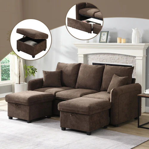 Multifunctional Corner Sofa, U-Shaped Three-Seater, Storage, Drawers & Ottoman, Sleeping Function, Chenille