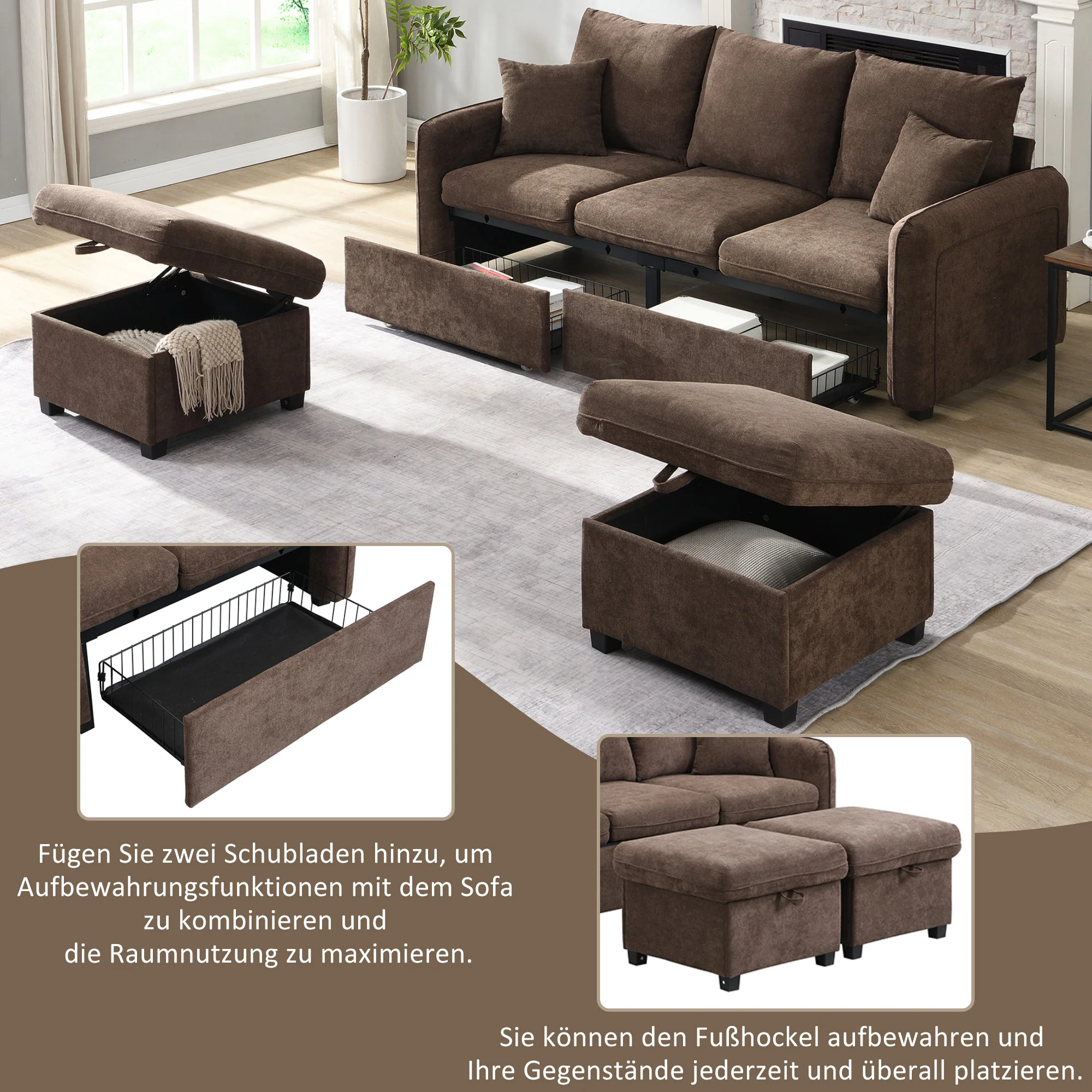 Multifunctional Corner Sofa, U-Shaped Three-Seater, Storage, Drawers & Ottoman, Sleeping Function, Chenille - Image 2