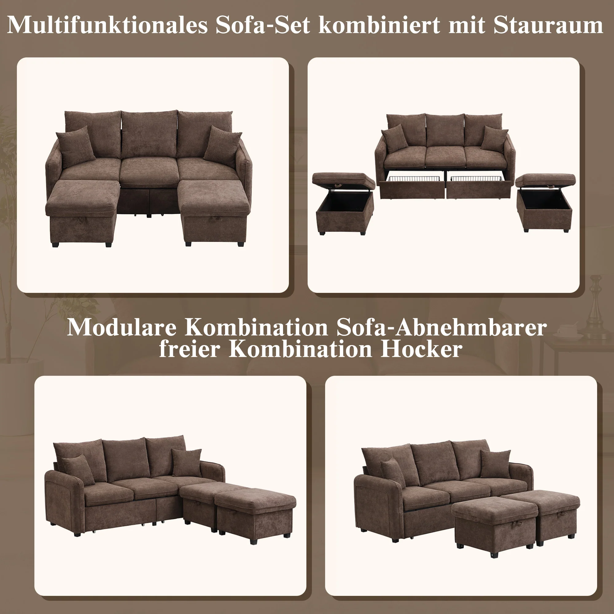 Multifunctional Corner Sofa, U-Shaped Three-Seater, Storage, Drawers & Ottoman, Sleeping Function, Chenille - Image 3