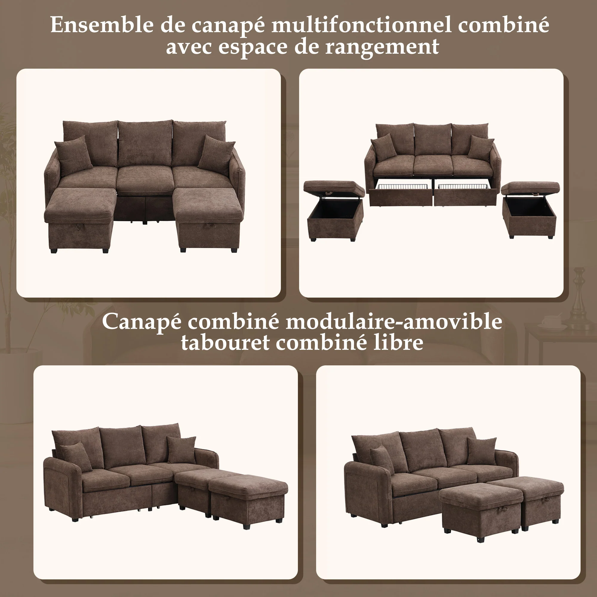 Multifunctional Corner Sofa, U-Shaped Three-Seater, Storage, Drawers & Ottoman, Sleeping Function, Chenille - Image 4