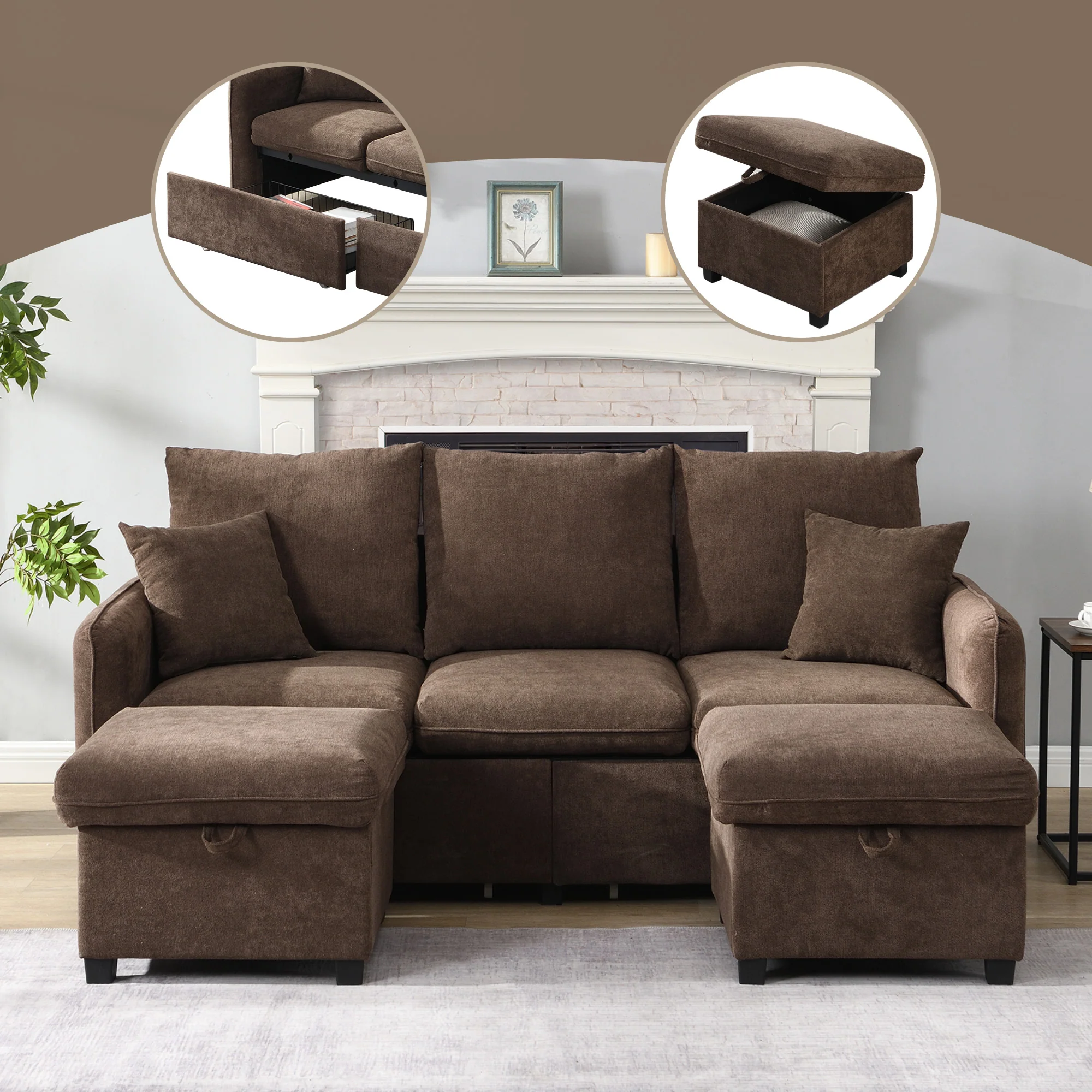 Multifunctional Corner Sofa, U-Shaped Three-Seater, Storage, Drawers & Ottoman, Sleeping Function, Chenille - Image 7