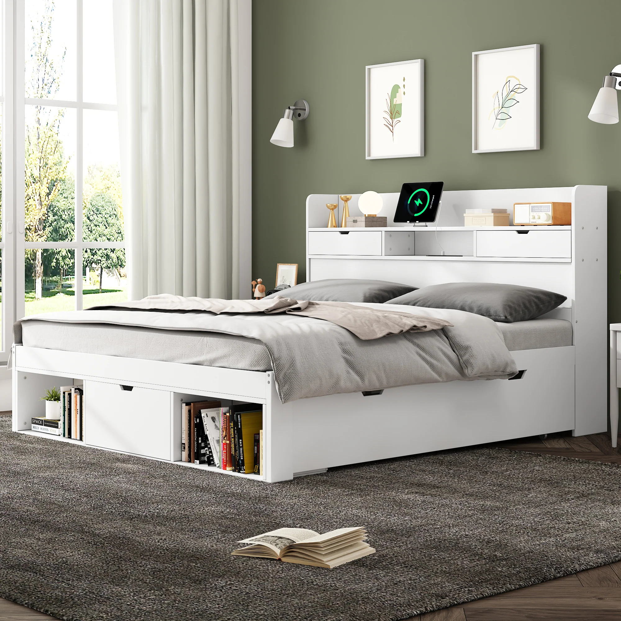 Multifunctional Double Bed with USB Port, Drawers and Storage Cabinet, 160x200cm, White - Image 2