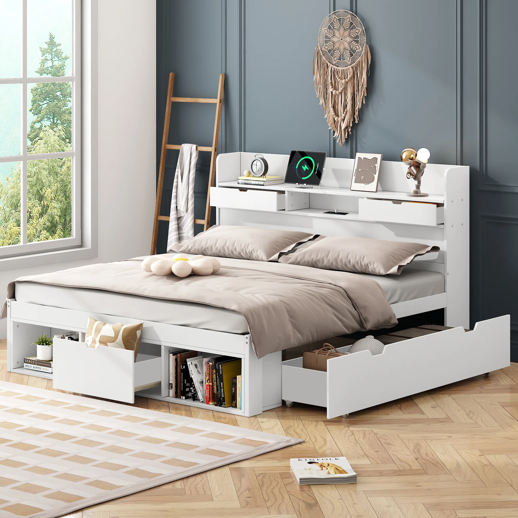 Multifunctional Double Bed with USB Port, Drawers and Storage Cabinet, 160x200cm, White - Image 3