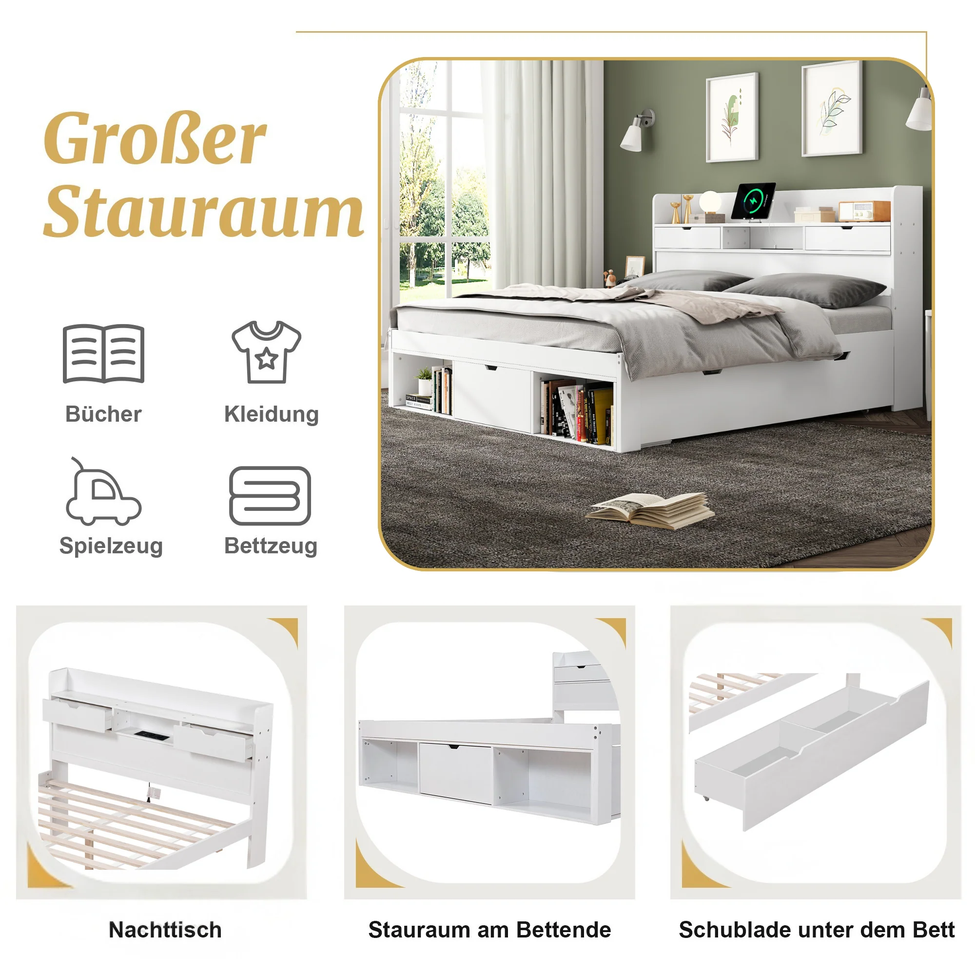 Multifunctional Double Bed with USB Port, Drawers and Storage Cabinet, 160x200cm, White - Image 6