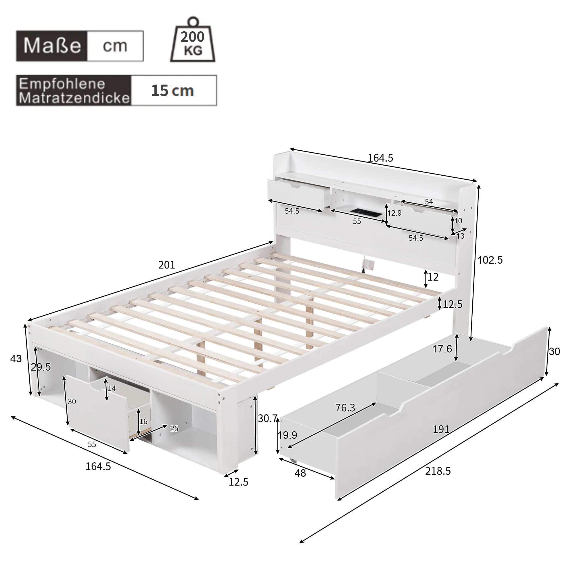 Multifunctional Double Bed with USB Port, Drawers and Storage Cabinet, 160x200cm, White - Image 8