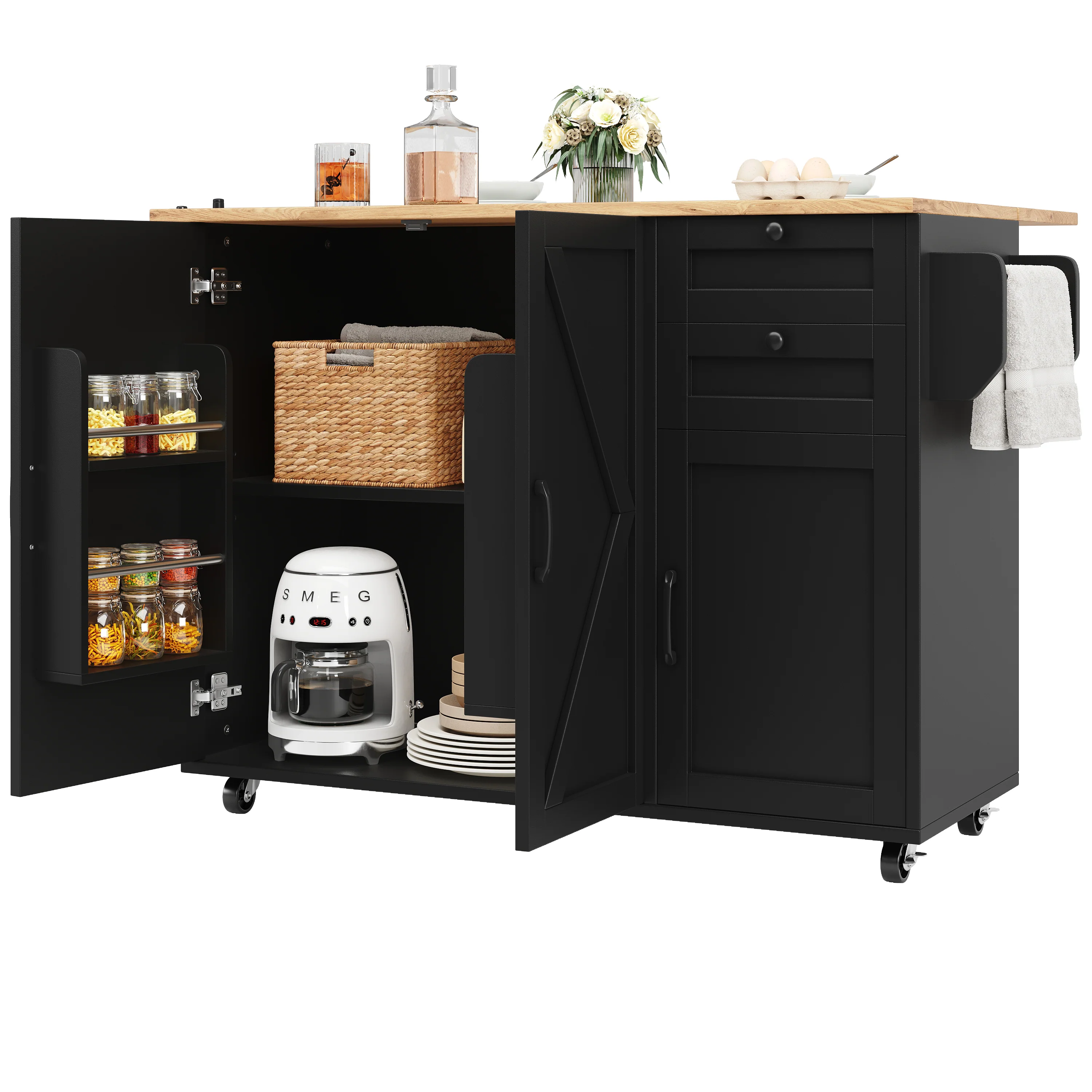 Multifunctional Kitchen Island Dining Table with Storage, Snack Shelves, Wood Grain Black - Image 10