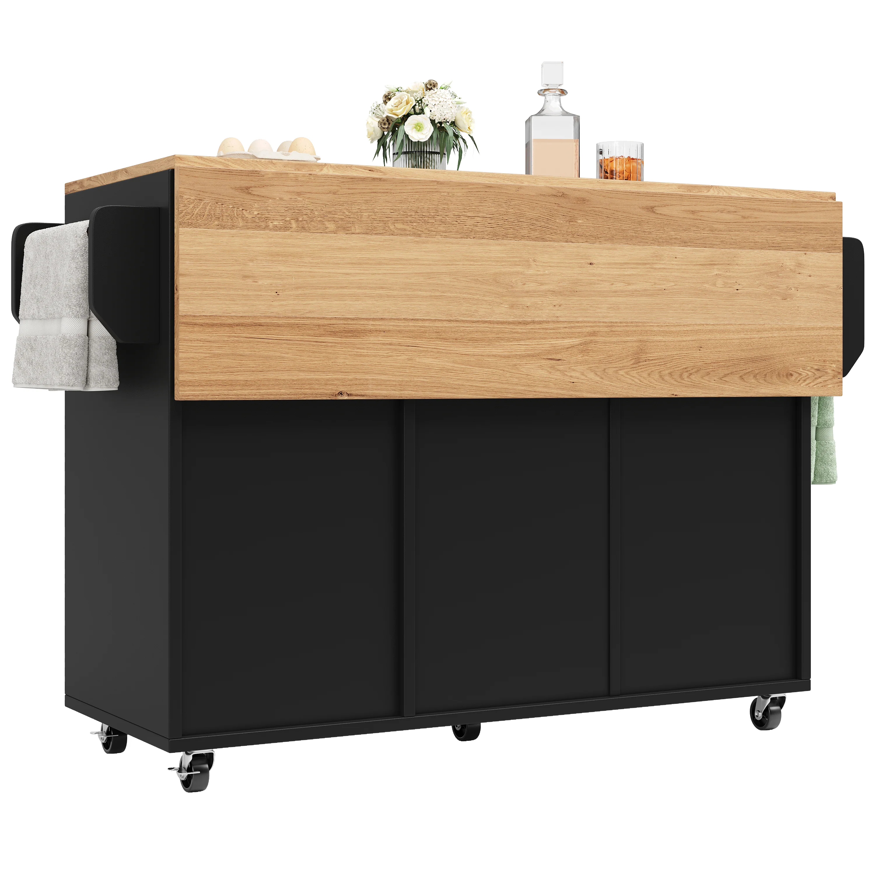Multifunctional Kitchen Island Dining Table with Storage, Snack Shelves, Wood Grain Black - Image 4
