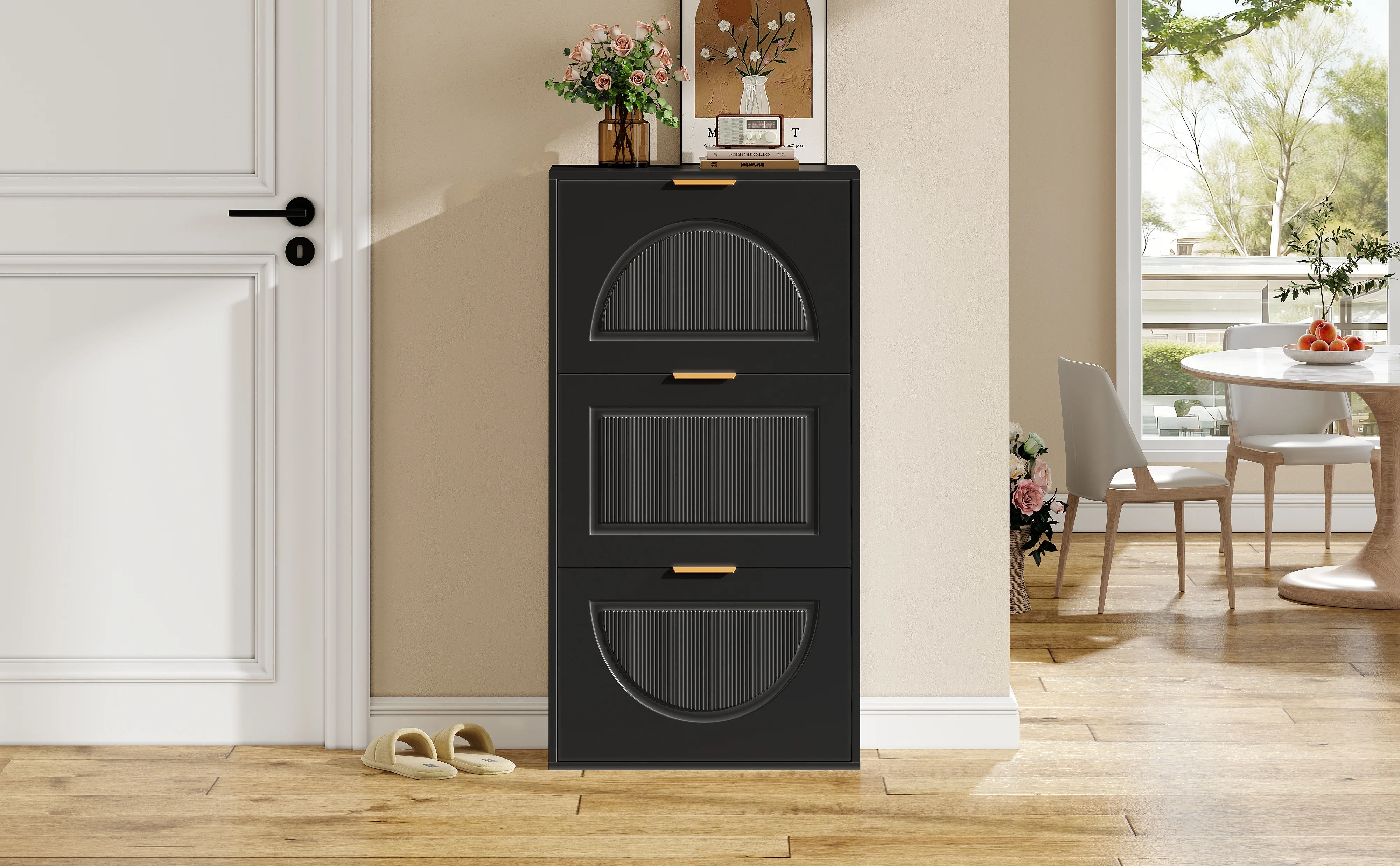 Narrow Shoe Cabinet with 3 Doors for Hallway and Living Room, Black - Image 10