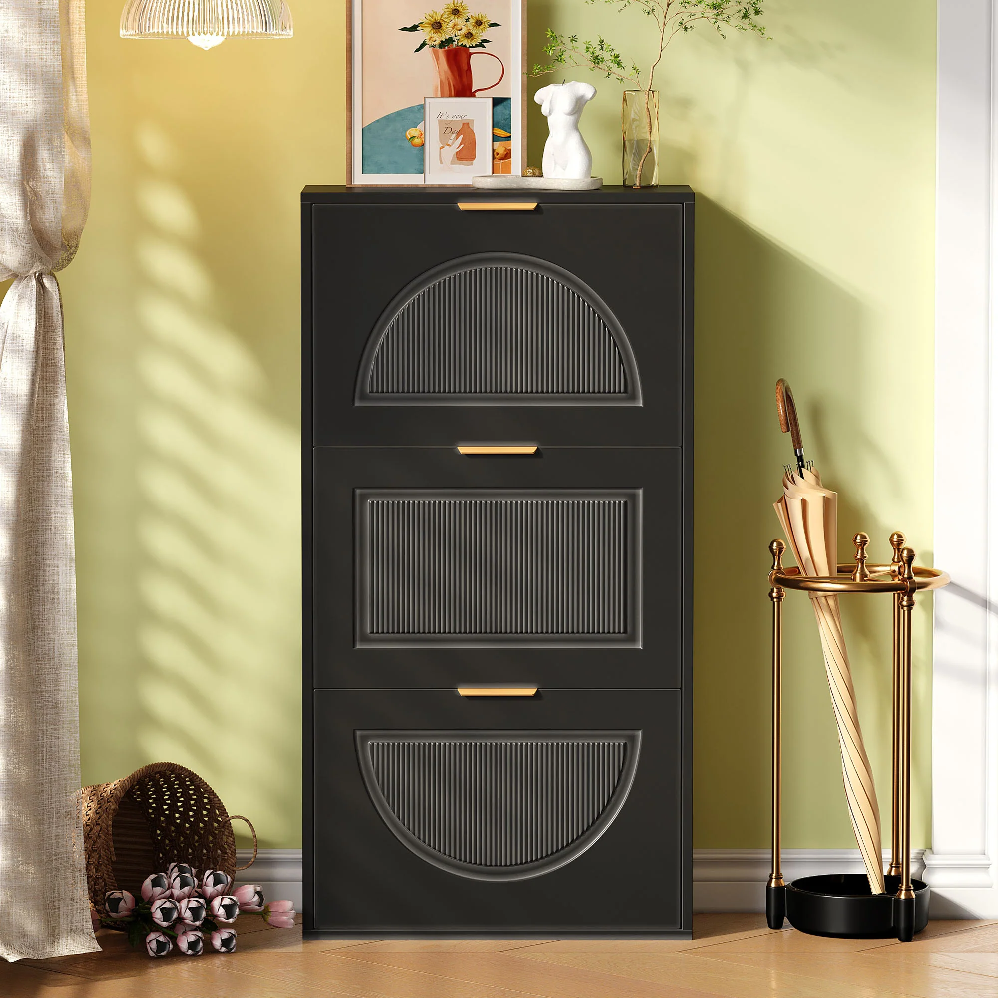 Narrow Shoe Cabinet with 3 Doors for Hallway and Living Room, Black - Image 2