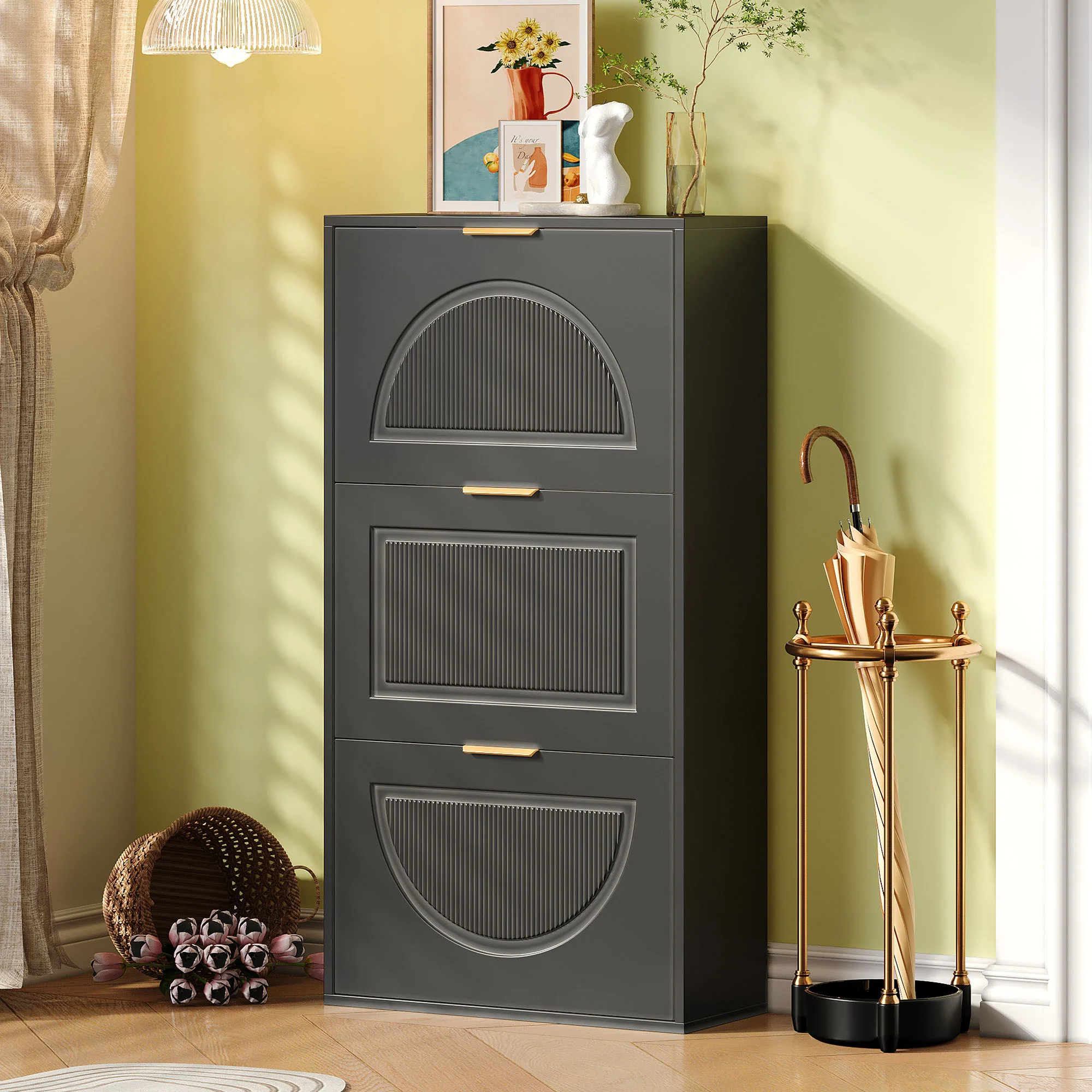 Narrow Shoe Cabinet with 3 Doors for Hallway and Living Room, Black - Image 3
