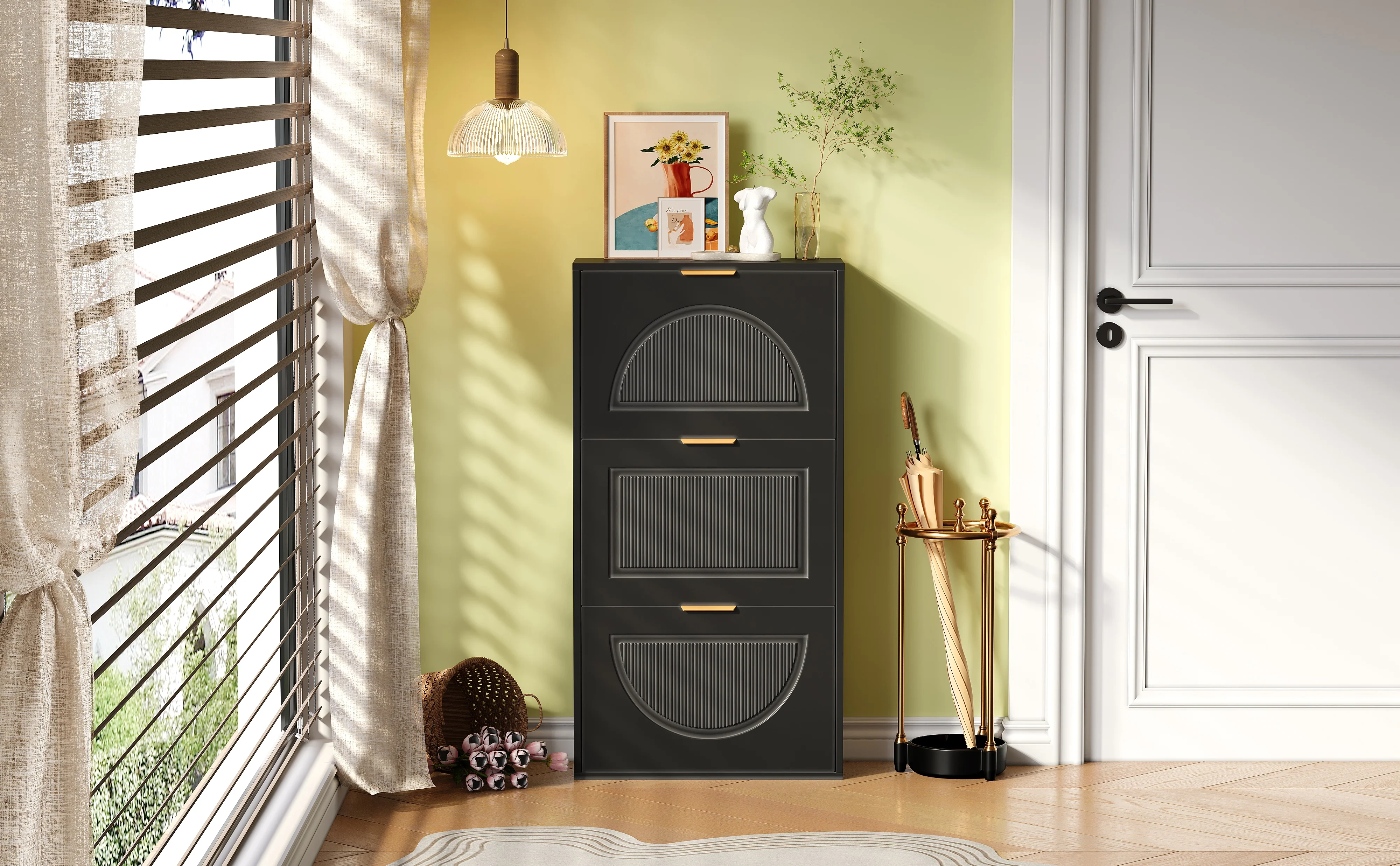 Narrow Shoe Cabinet with 3 Doors for Hallway and Living Room, Black - Image 5