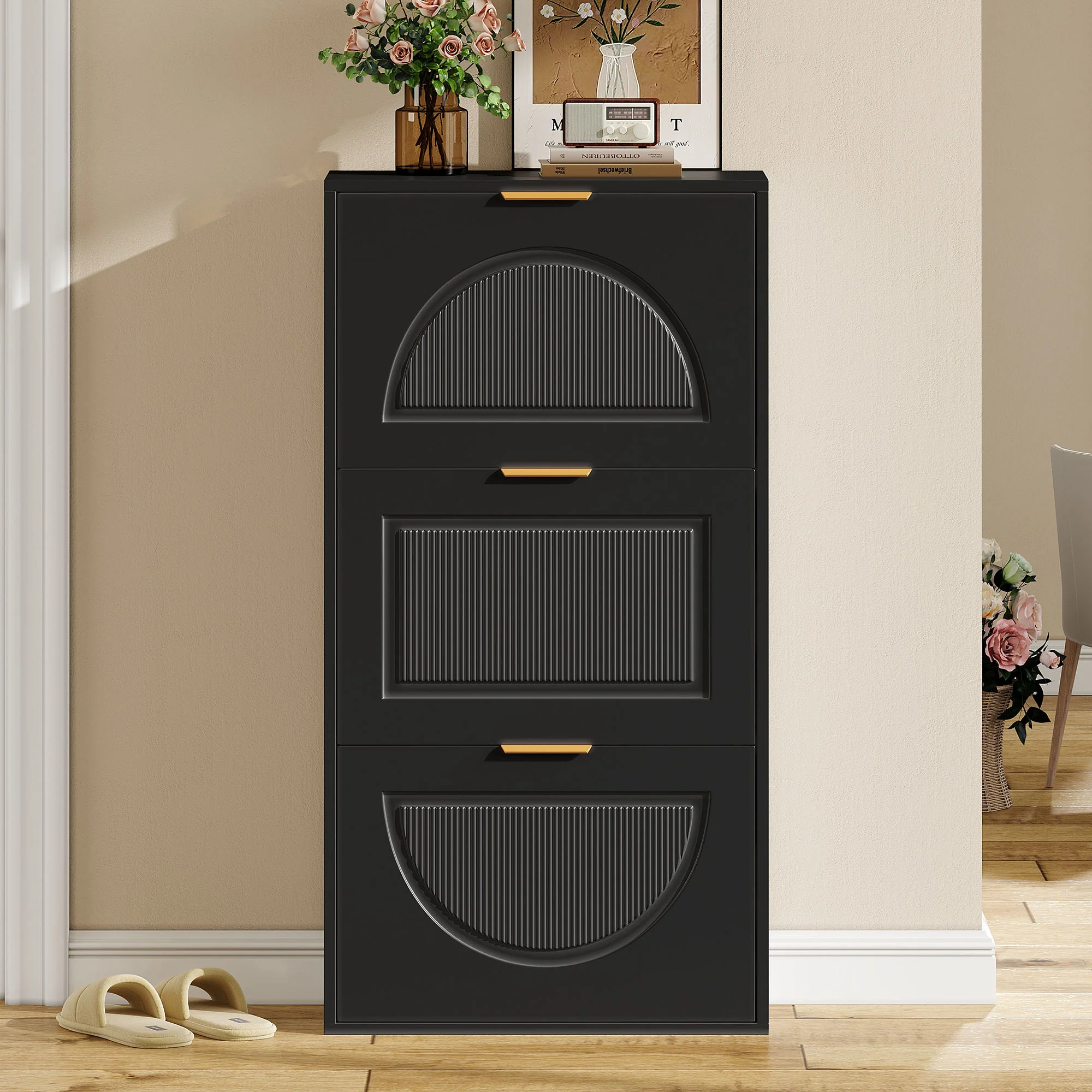 Narrow Shoe Cabinet with 3 Doors for Hallway and Living Room, Black - Image 6