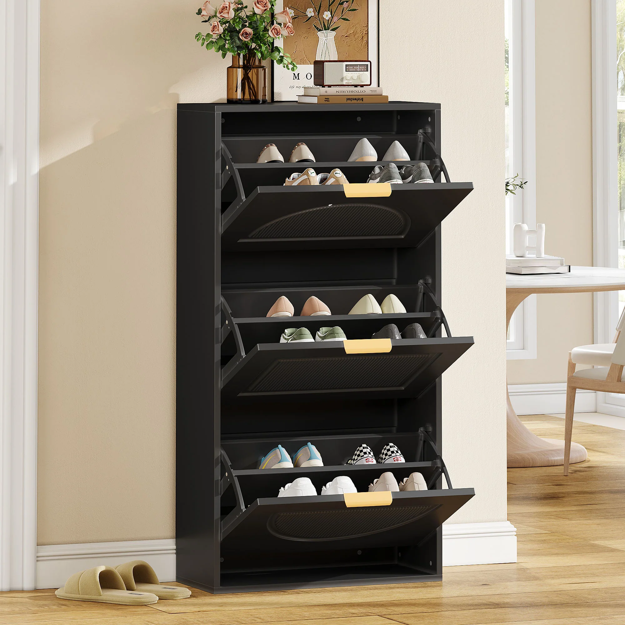 Narrow Shoe Cabinet with 3 Doors for Hallway and Living Room, Black - Image 7