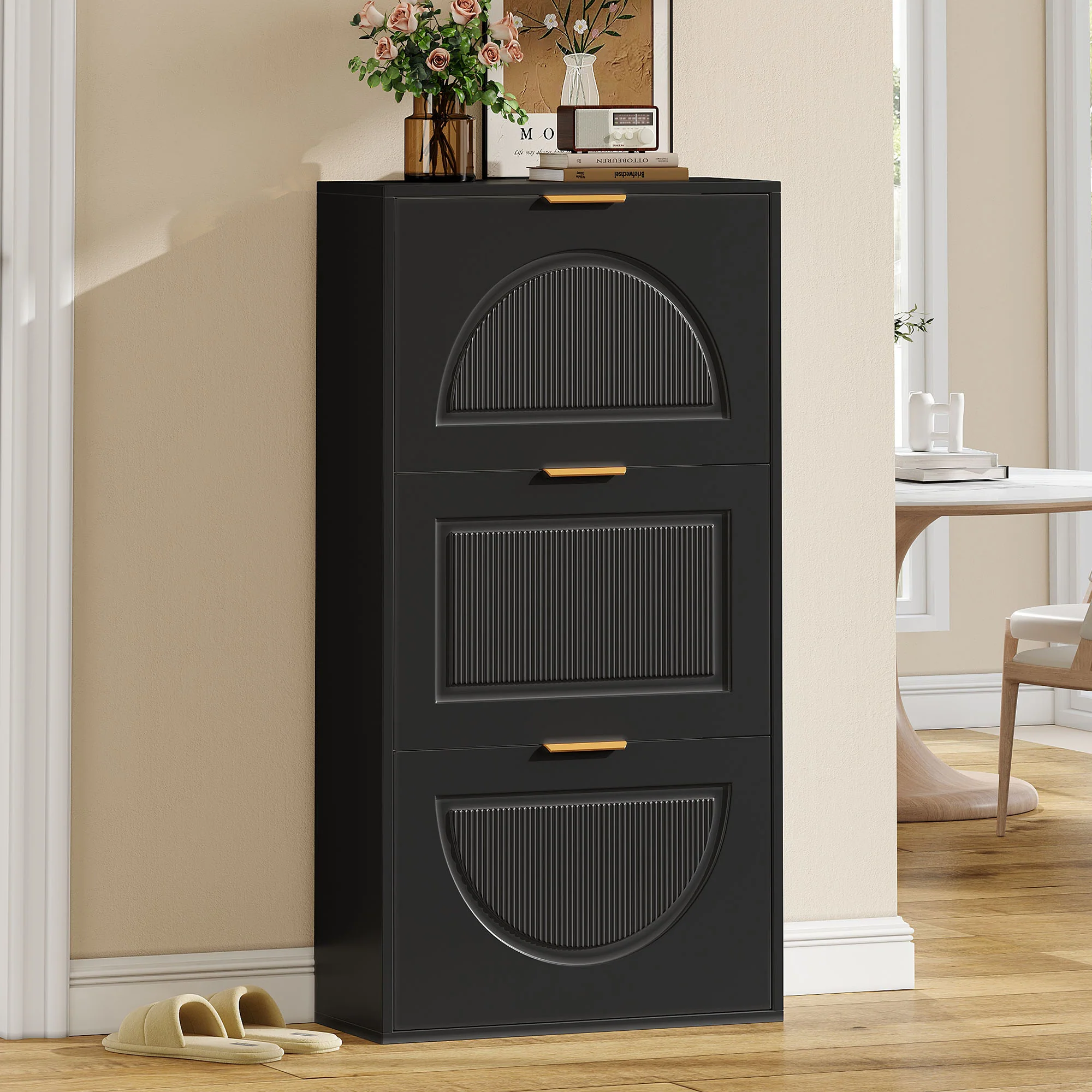 Narrow Shoe Cabinet with 3 Doors for Hallway and Living Room, Black - Image 8