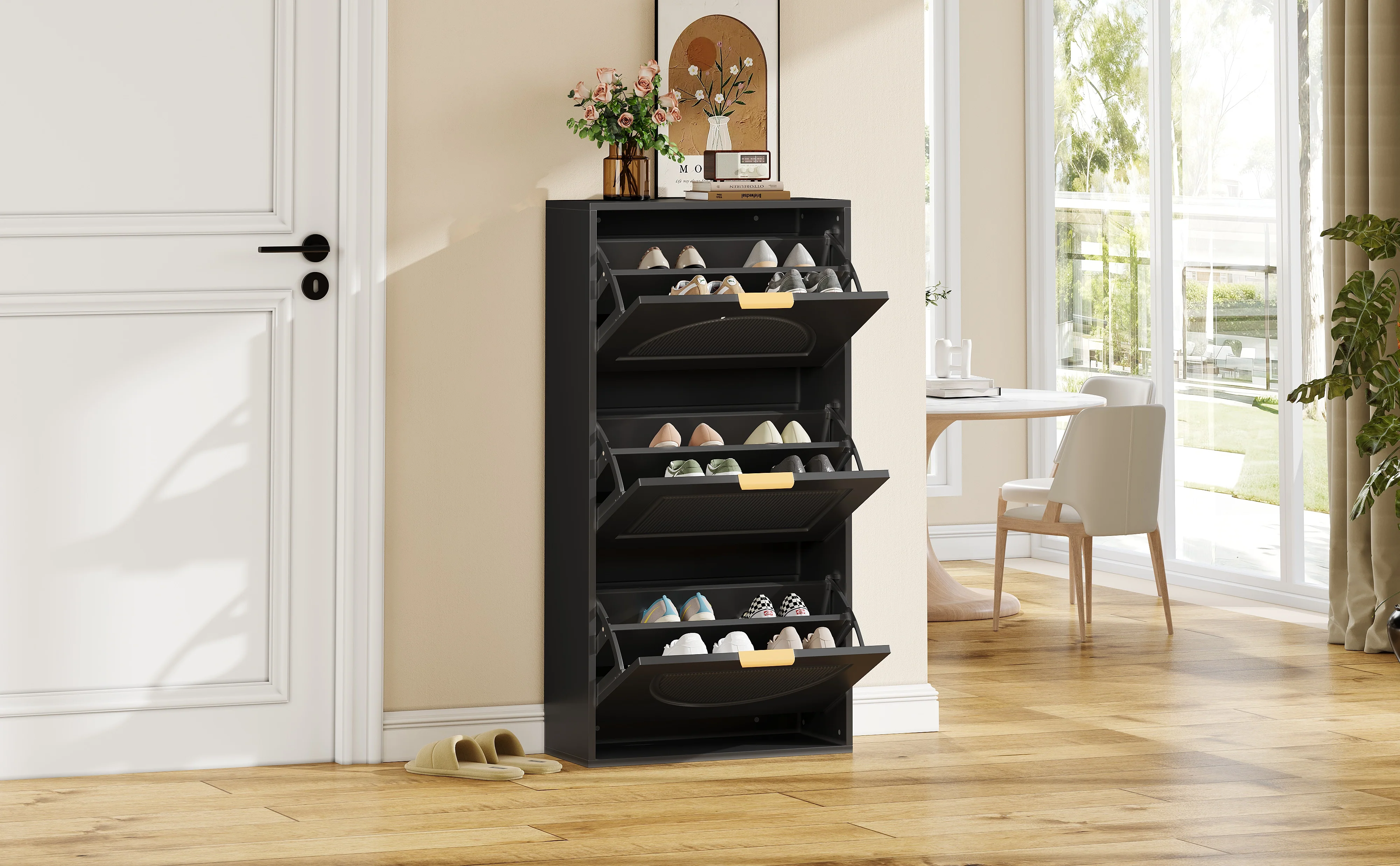 Narrow Shoe Cabinet with 3 Doors for Hallway and Living Room, Black - Image 9
