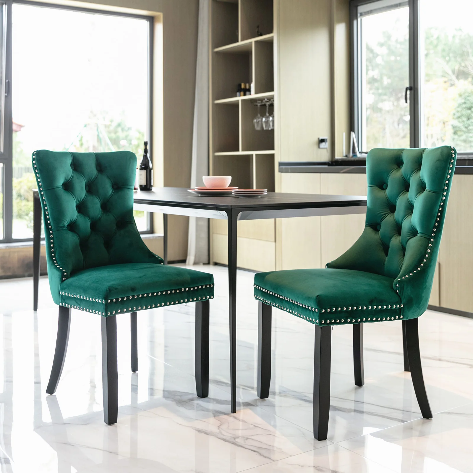 Nikki Collection Tufted Upholstered Dining Chair Wood Legs Nailhead Trim Set of 2 - Green Velvet - Image 10