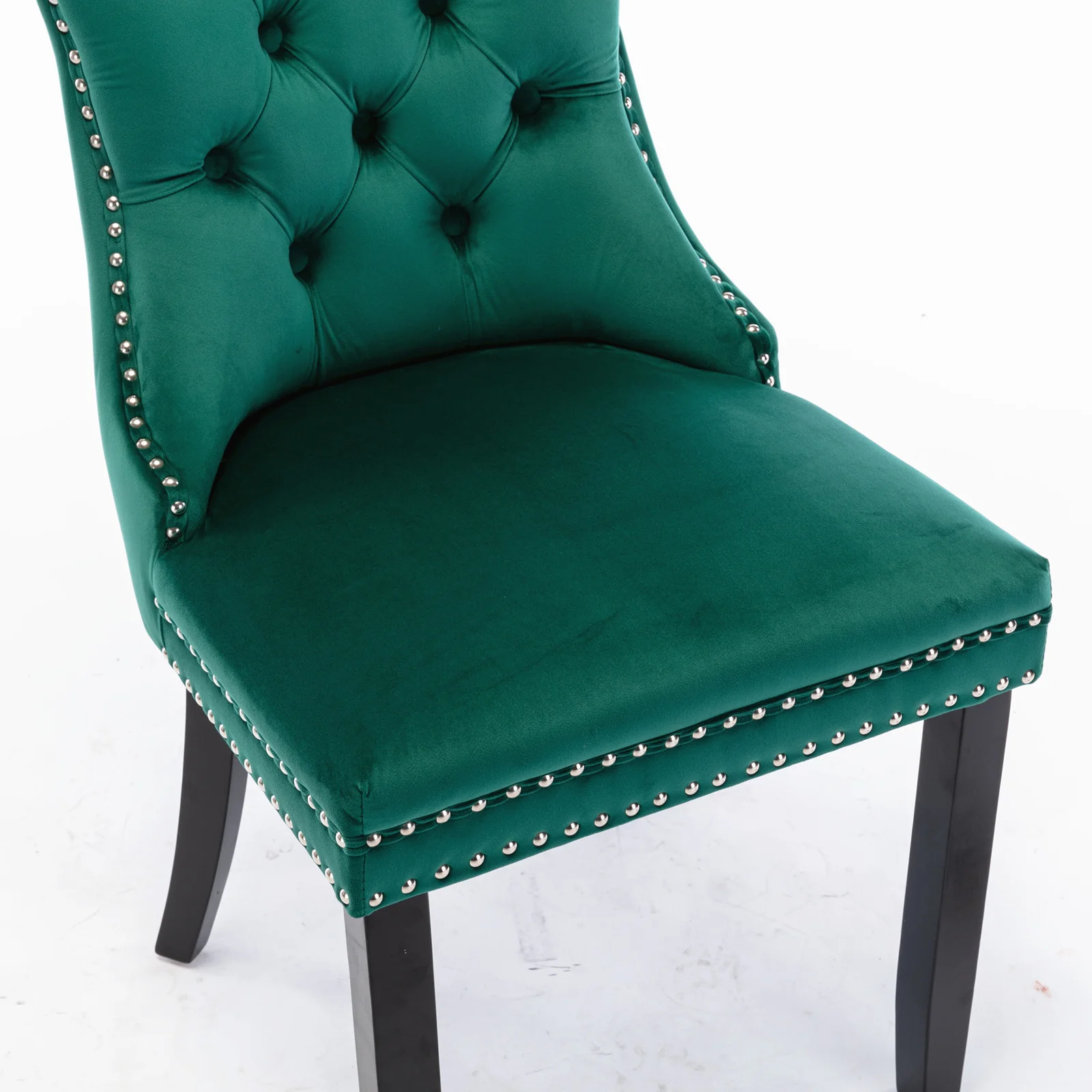 Nikki Collection Tufted Upholstered Dining Chair Wood Legs Nailhead Trim Set of 2 - Green Velvet - Image 8