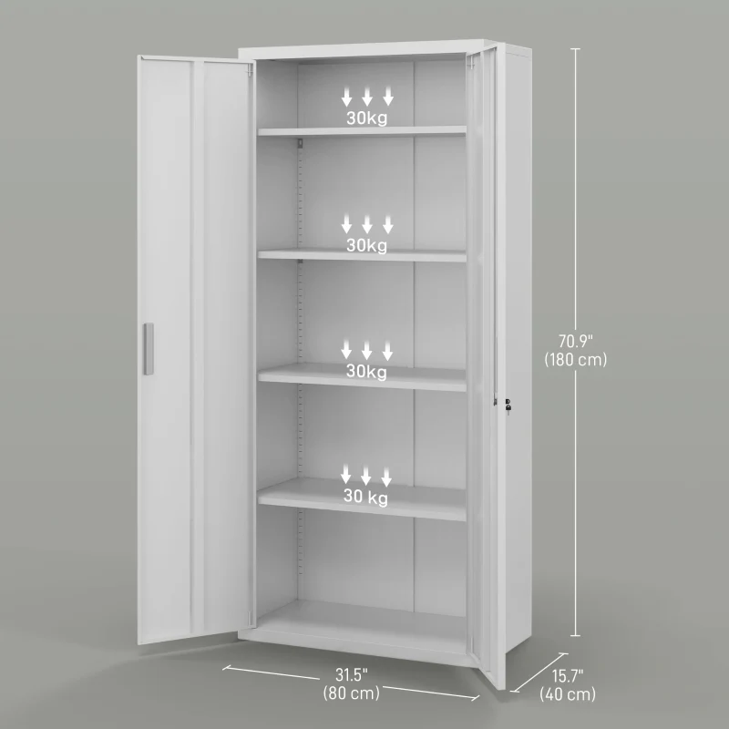 Office Cabinet, Five Shelf Lockable Steel - White - Image 3