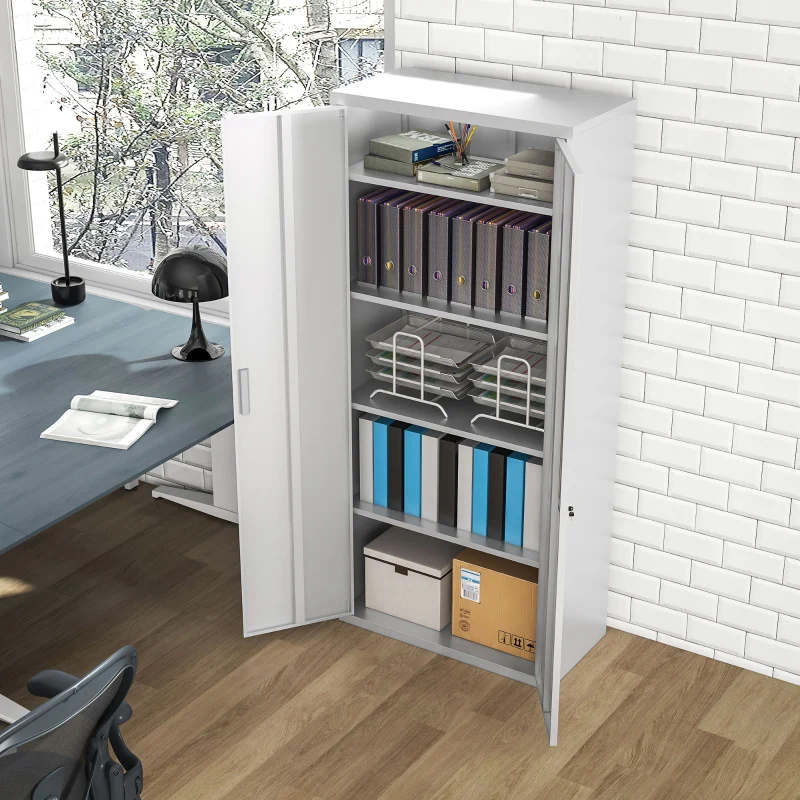 Office Cabinet, Five Shelf Lockable Steel - White - Image 6