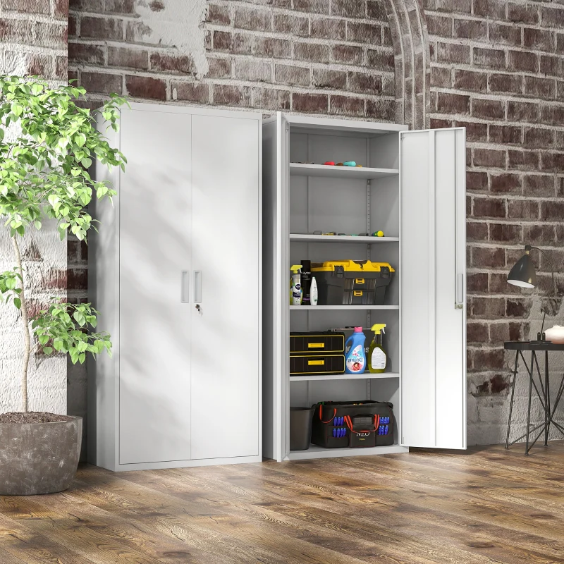 Office Cabinet, Five Shelf Lockable Steel - White - Image 7