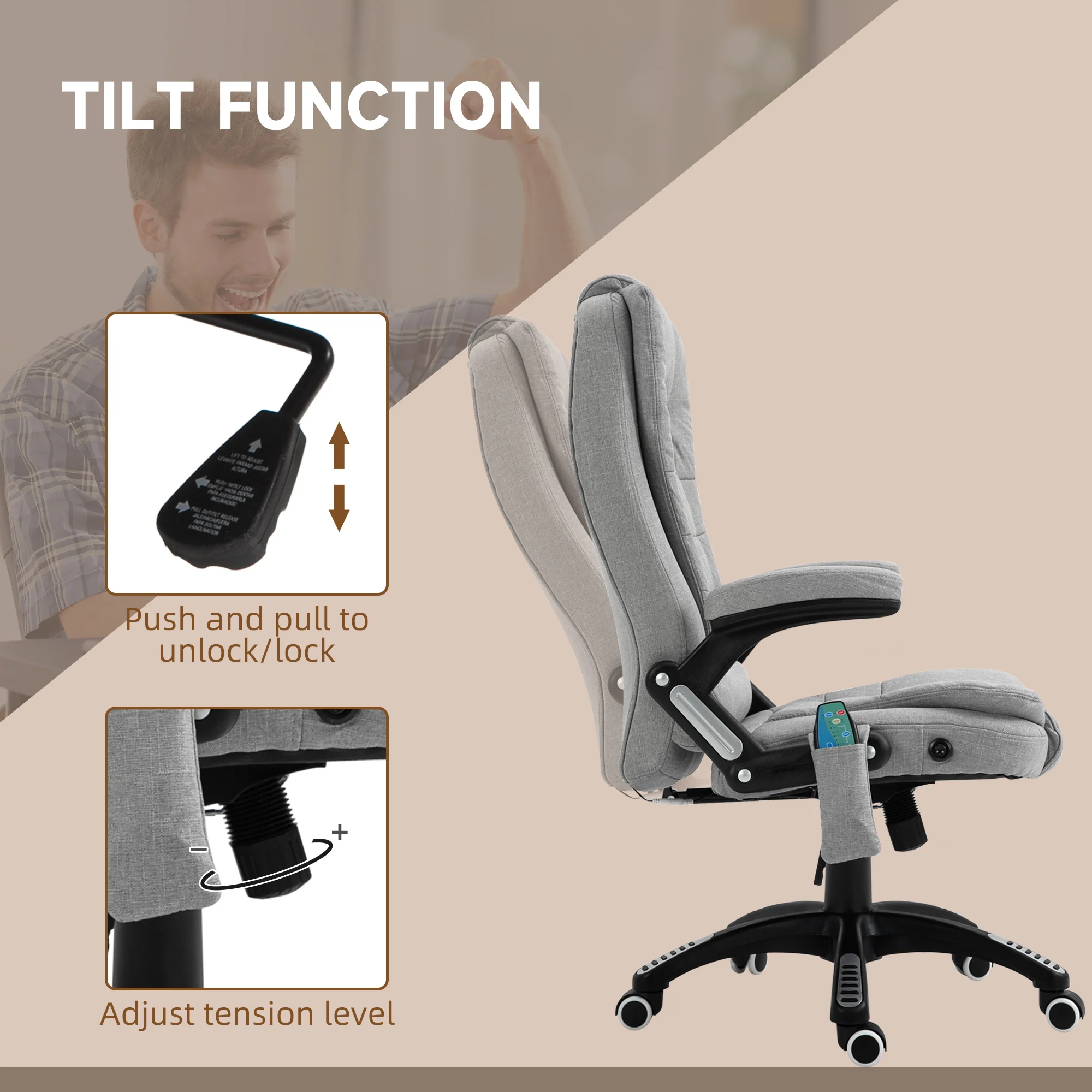 Office Chair, Ergonomic 6-Point Massage Heated Lumbar Support, Fabric Light Grey - Image 6