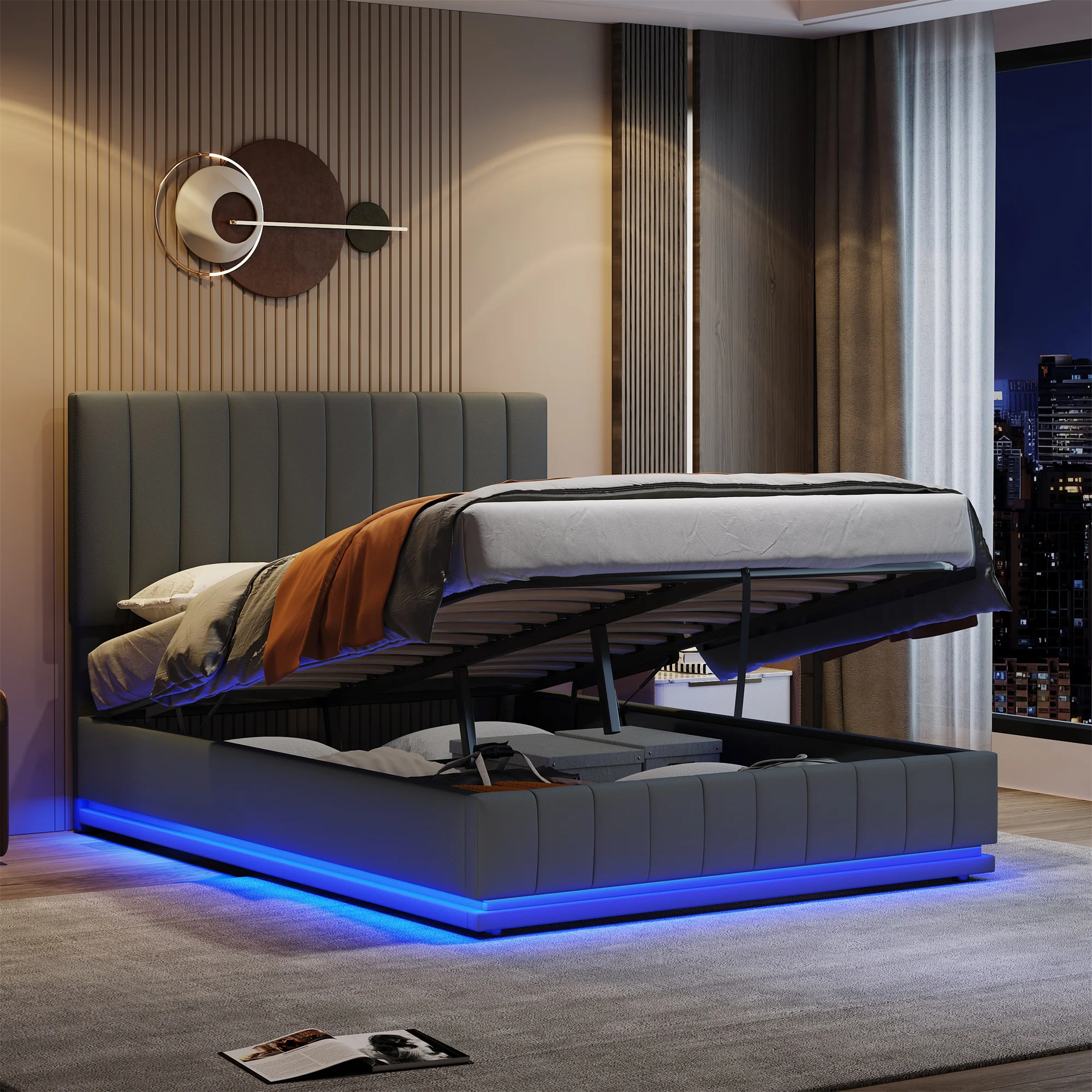 Ottoman King Bed with LED Lighting, Hydraulic Storage, and Adjustable Channel Tufted Headboard, Grey PU Leather - Image 2
