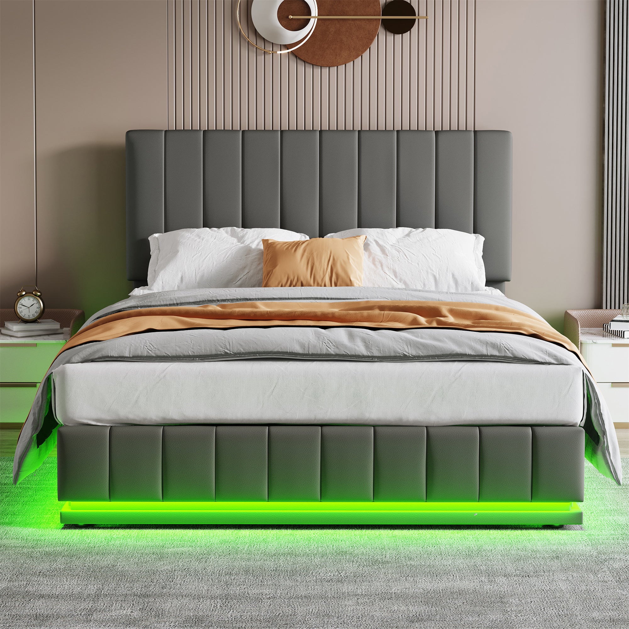 Ottoman King Bed with LED Lighting, Hydraulic Storage, and Adjustable Channel Tufted Headboard, Grey PU Leather - Image 4