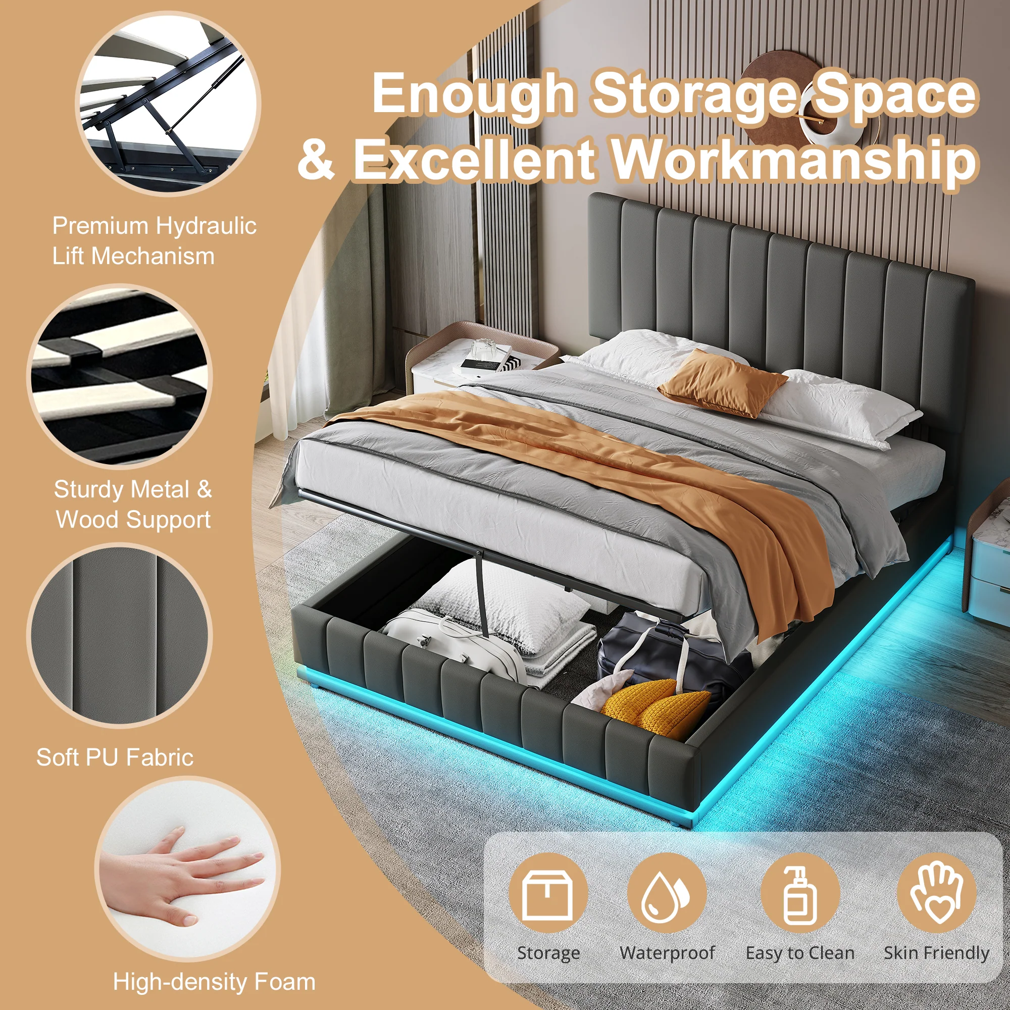Ottoman King Bed with LED Lighting, Hydraulic Storage, and Adjustable Channel Tufted Headboard, Grey PU Leather - Image 5
