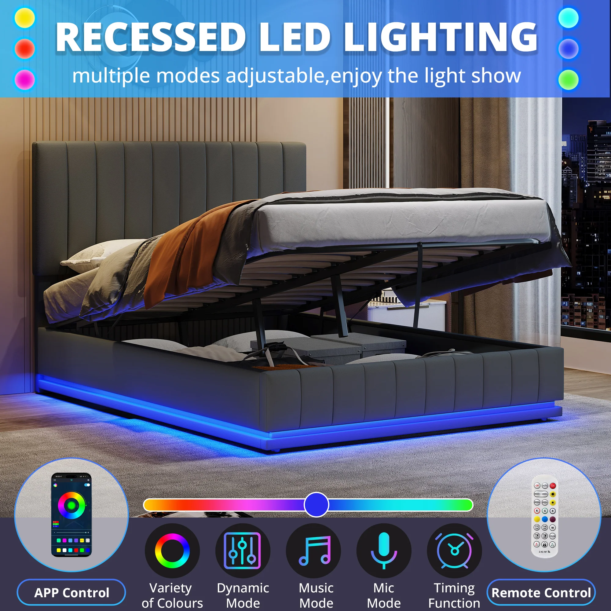 Ottoman King Bed with LED Lighting, Hydraulic Storage, and Adjustable Channel Tufted Headboard, Grey PU Leather - Image 6