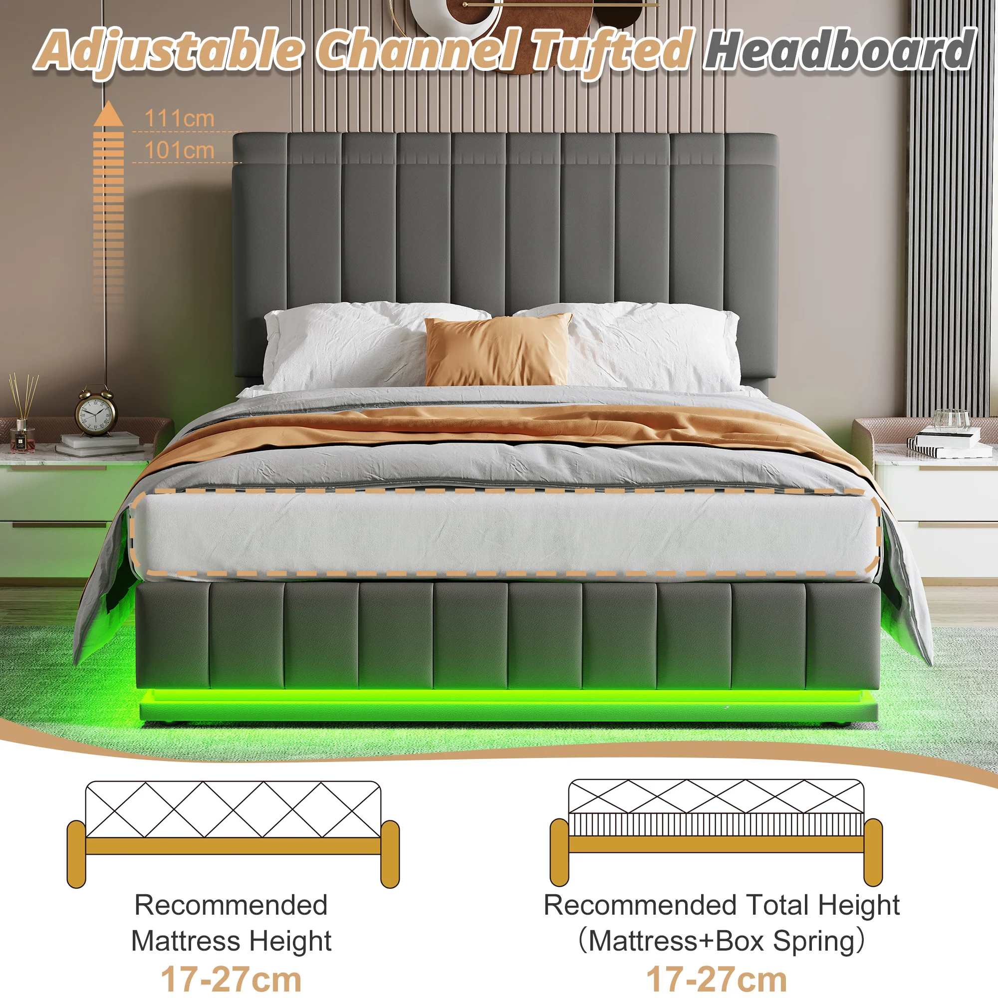 Ottoman King Bed with LED Lighting, Hydraulic Storage, and Adjustable Channel Tufted Headboard, Grey PU Leather - Image 7