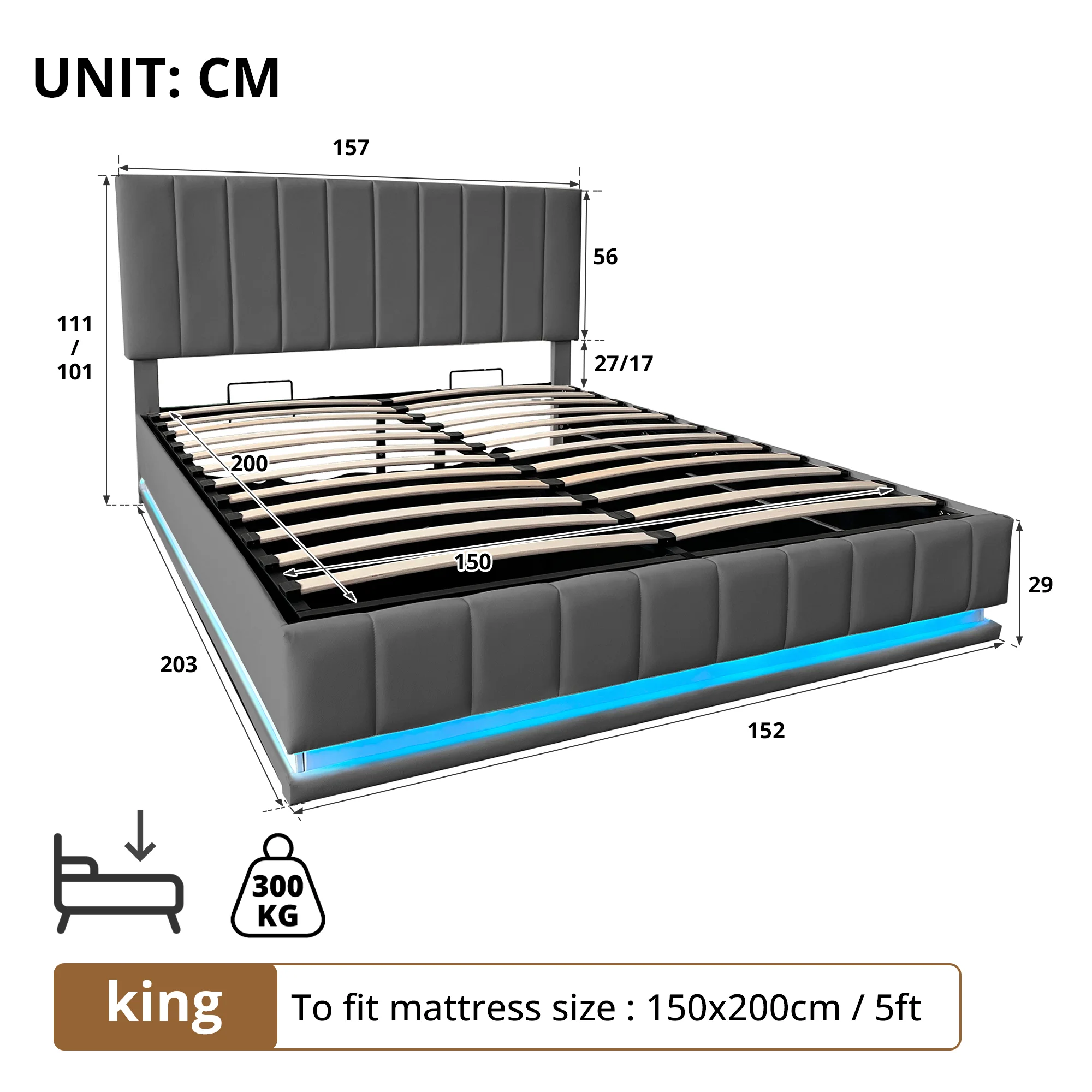 Ottoman King Bed with LED Lighting, Hydraulic Storage, and Adjustable Channel Tufted Headboard, Grey PU Leather - Image 8