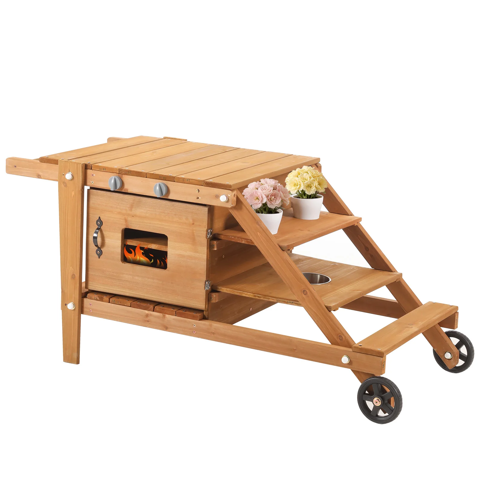 Outdoor Mud Kitchen with Wheels and Accessories, Wooden Garden Play Set, Natural Wood - Image 3