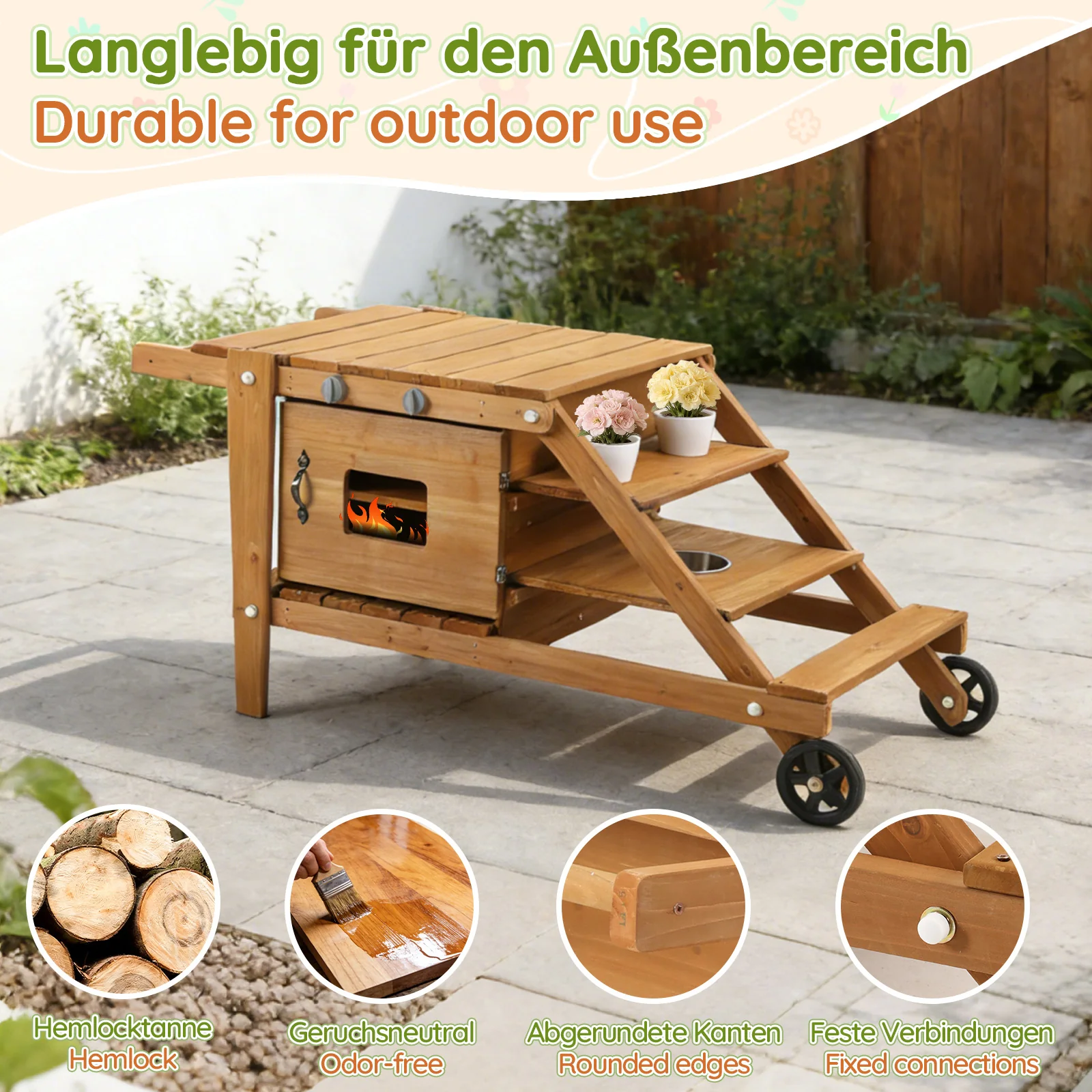 Outdoor Mud Kitchen with Wheels and Accessories, Wooden Garden Play Set, Natural Wood - Image 4