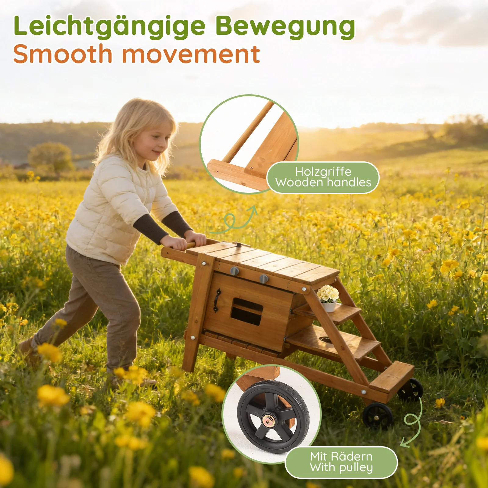 Outdoor Mud Kitchen with Wheels and Accessories, Wooden Garden Play Set, Natural Wood - Image 5