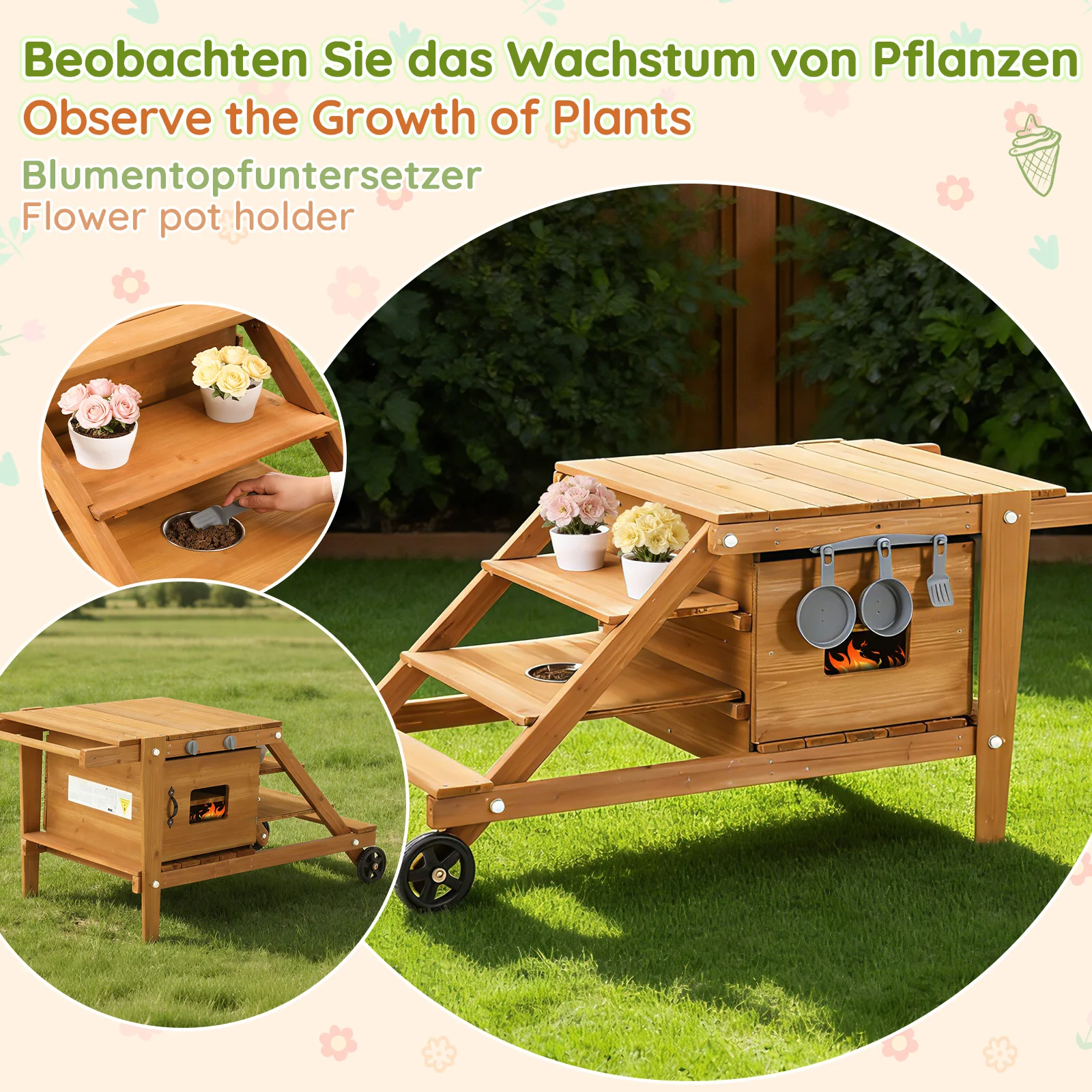 Outdoor Mud Kitchen with Wheels and Accessories, Wooden Garden Play Set, Natural Wood - Image 6