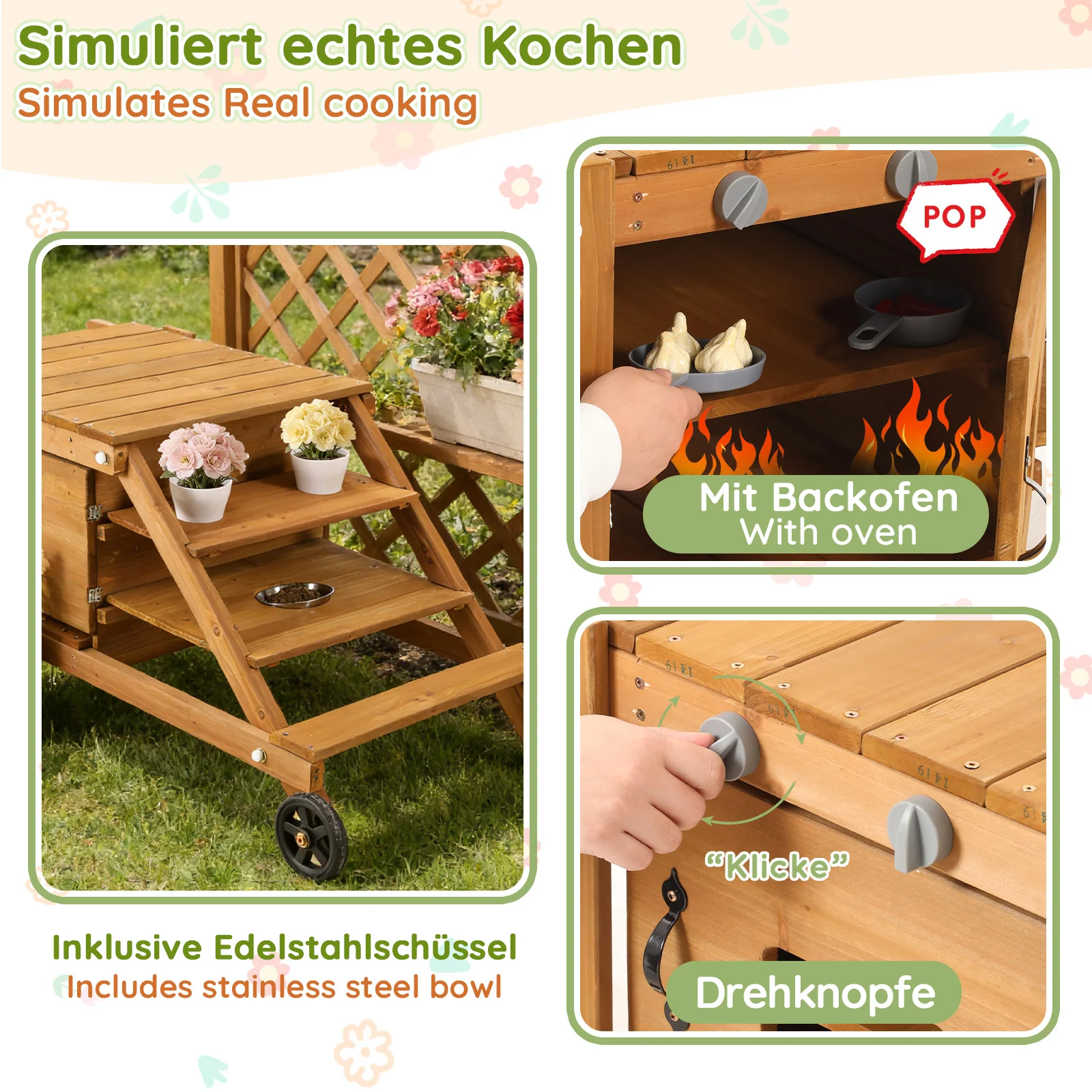 Outdoor Mud Kitchen with Wheels and Accessories, Wooden Garden Play Set, Natural Wood - Image 7