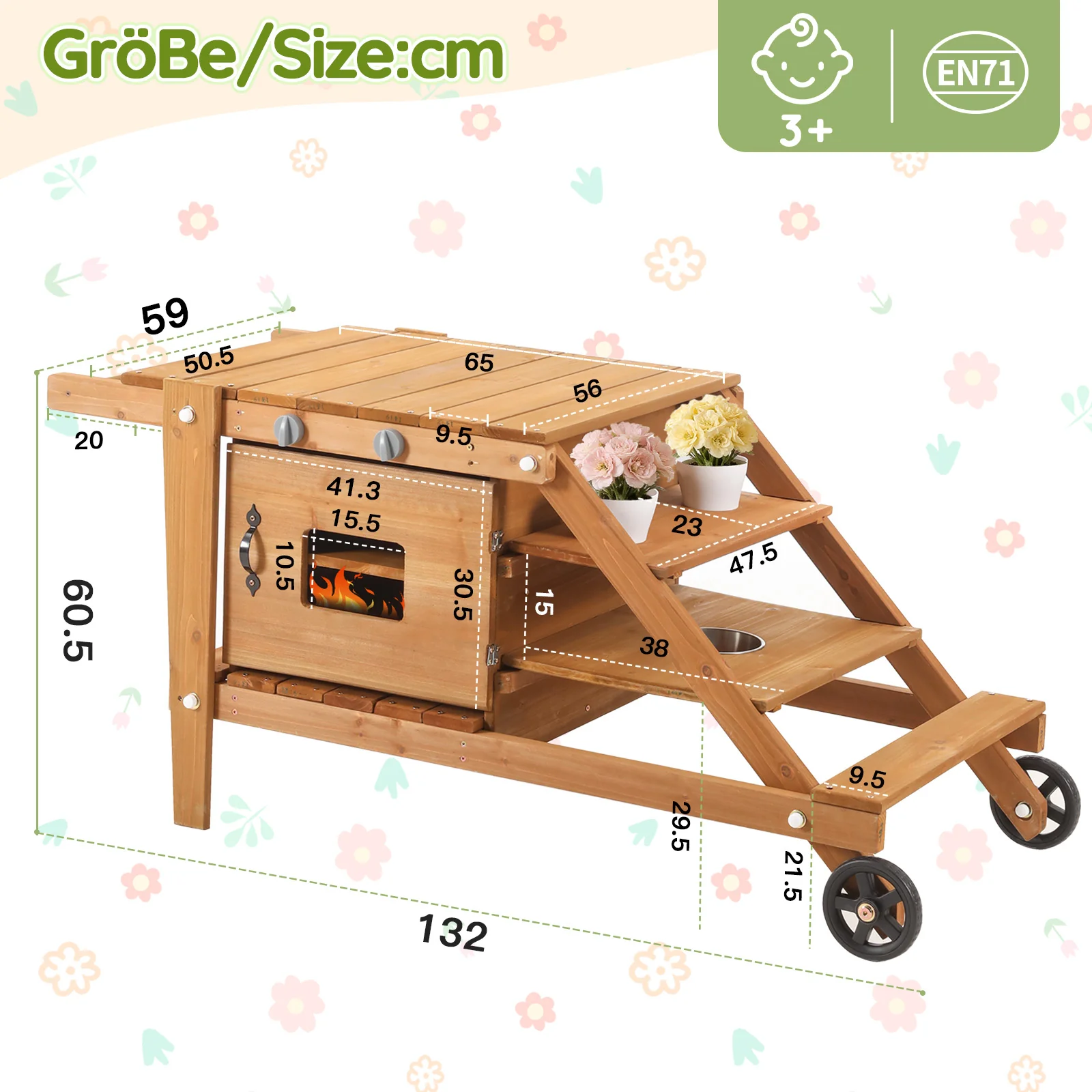 Outdoor Mud Kitchen with Wheels and Accessories, Wooden Garden Play Set, Natural Wood - Image 8