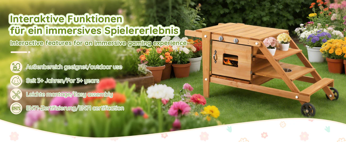 Outdoor Mud Kitchen with Wheels and Accessories, Wooden Garden Play Set, Natural Wood - Image 9