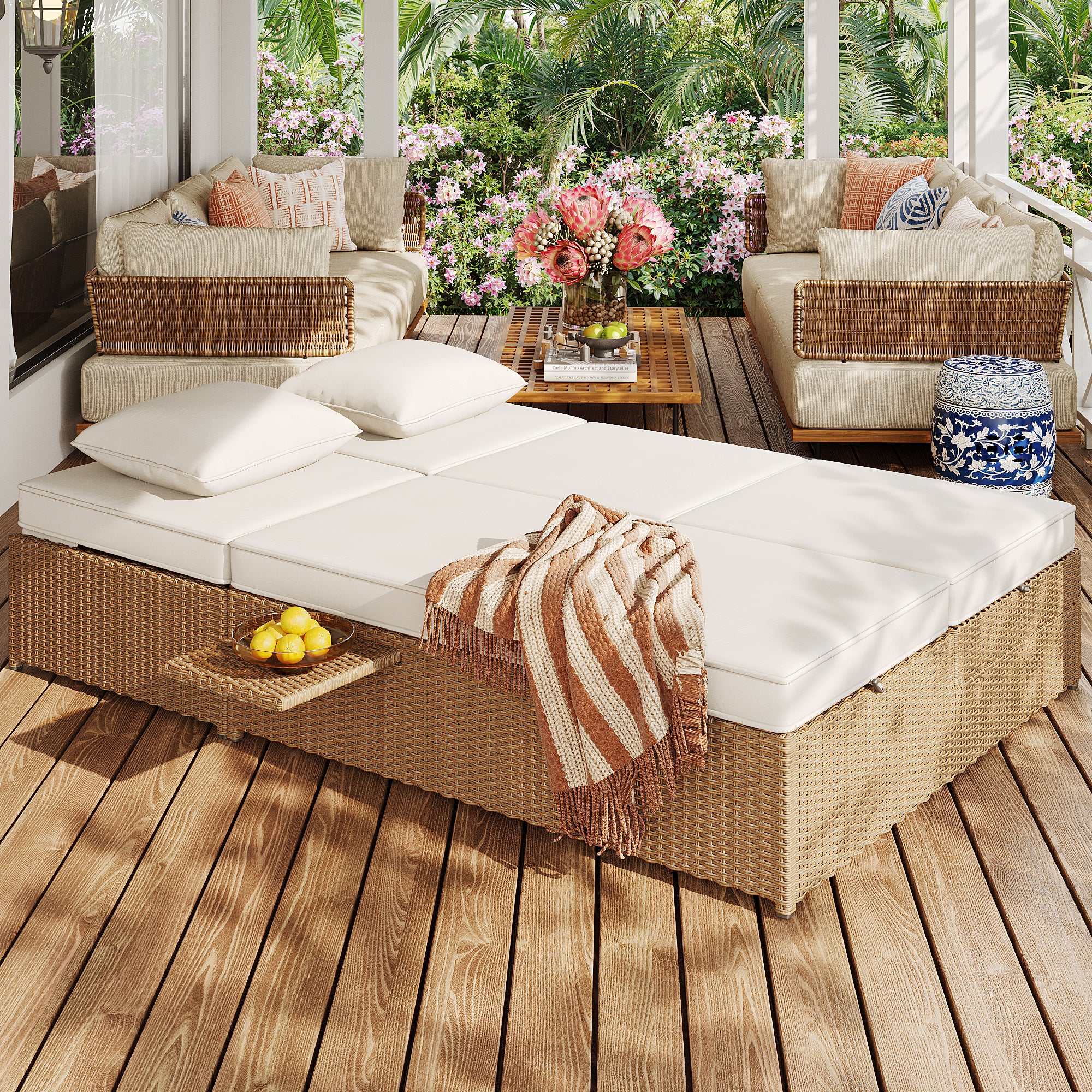 Outdoor Rattan Double Lounger - Foldable Weatherproof with Cushions - White - Image 2