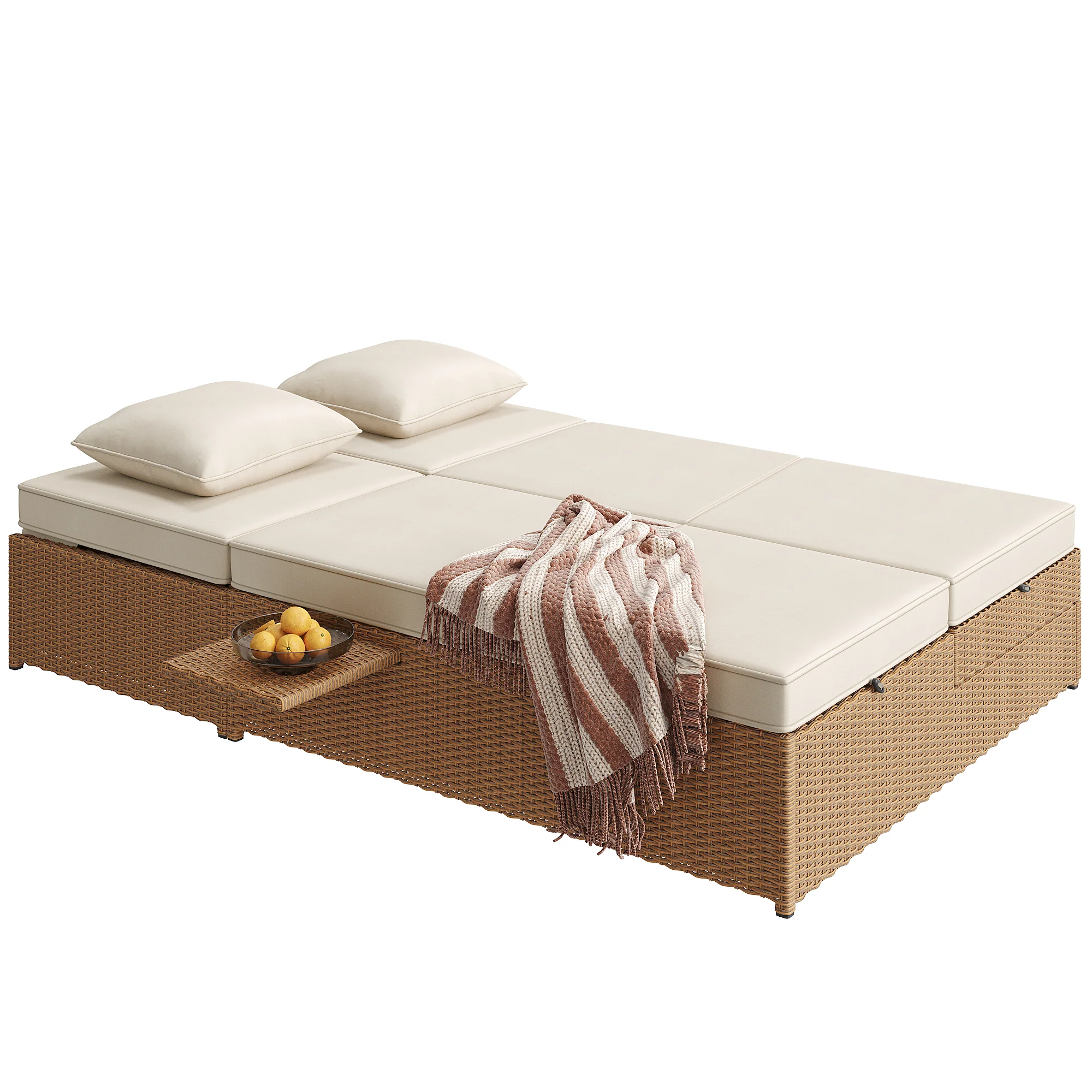 Outdoor Rattan Double Lounger - Foldable Weatherproof with Cushions - White - Image 8