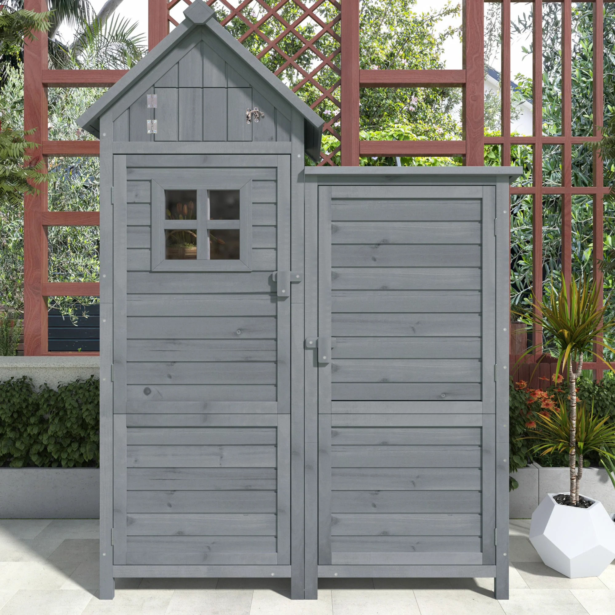 Outdoor Storage Shed with Weatherproof Double-Door and Large Storage, Grey Fir Wood - Image 2