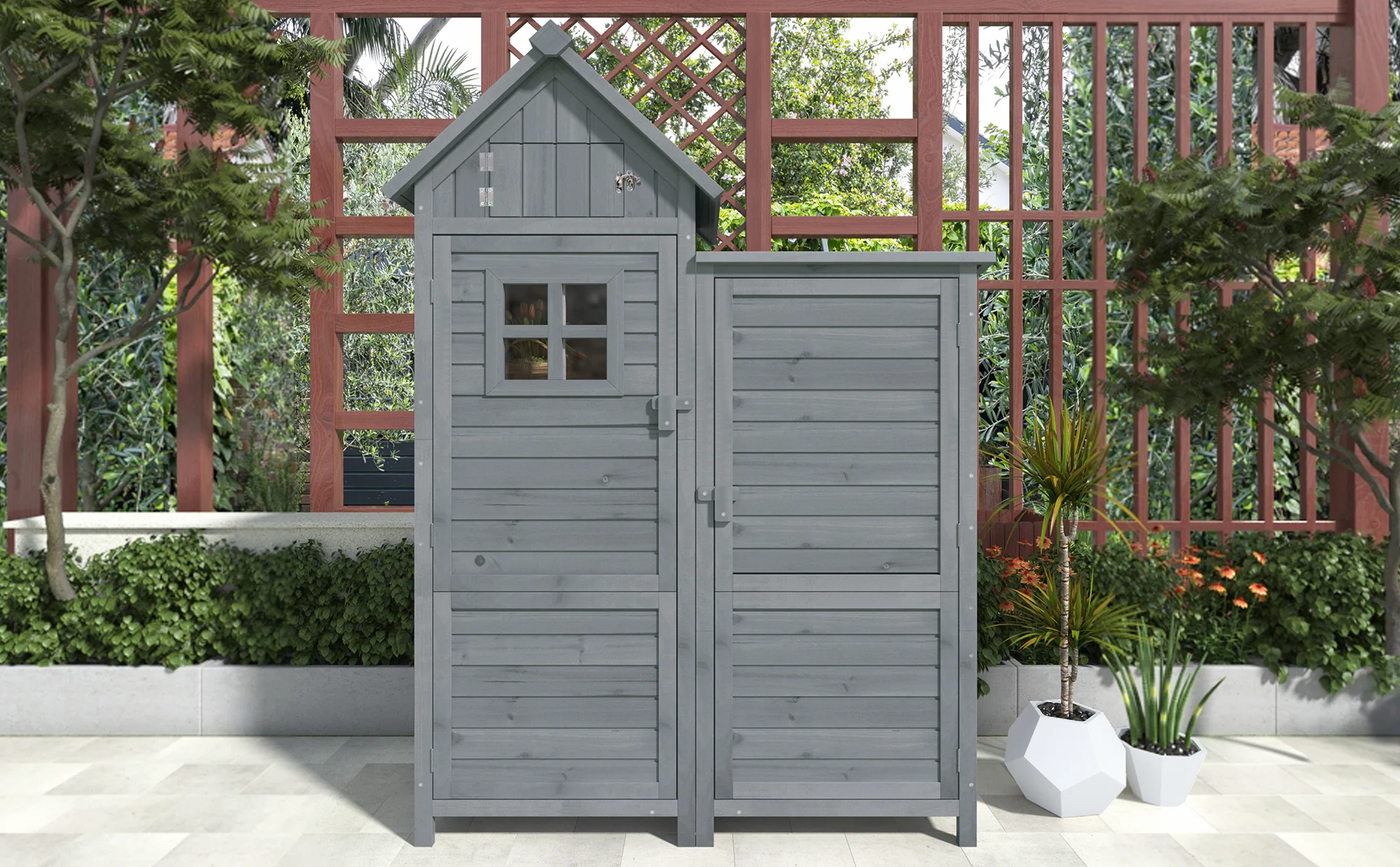 Outdoor Storage Shed with Weatherproof Double-Door and Large Storage, Grey Fir Wood - Image 3