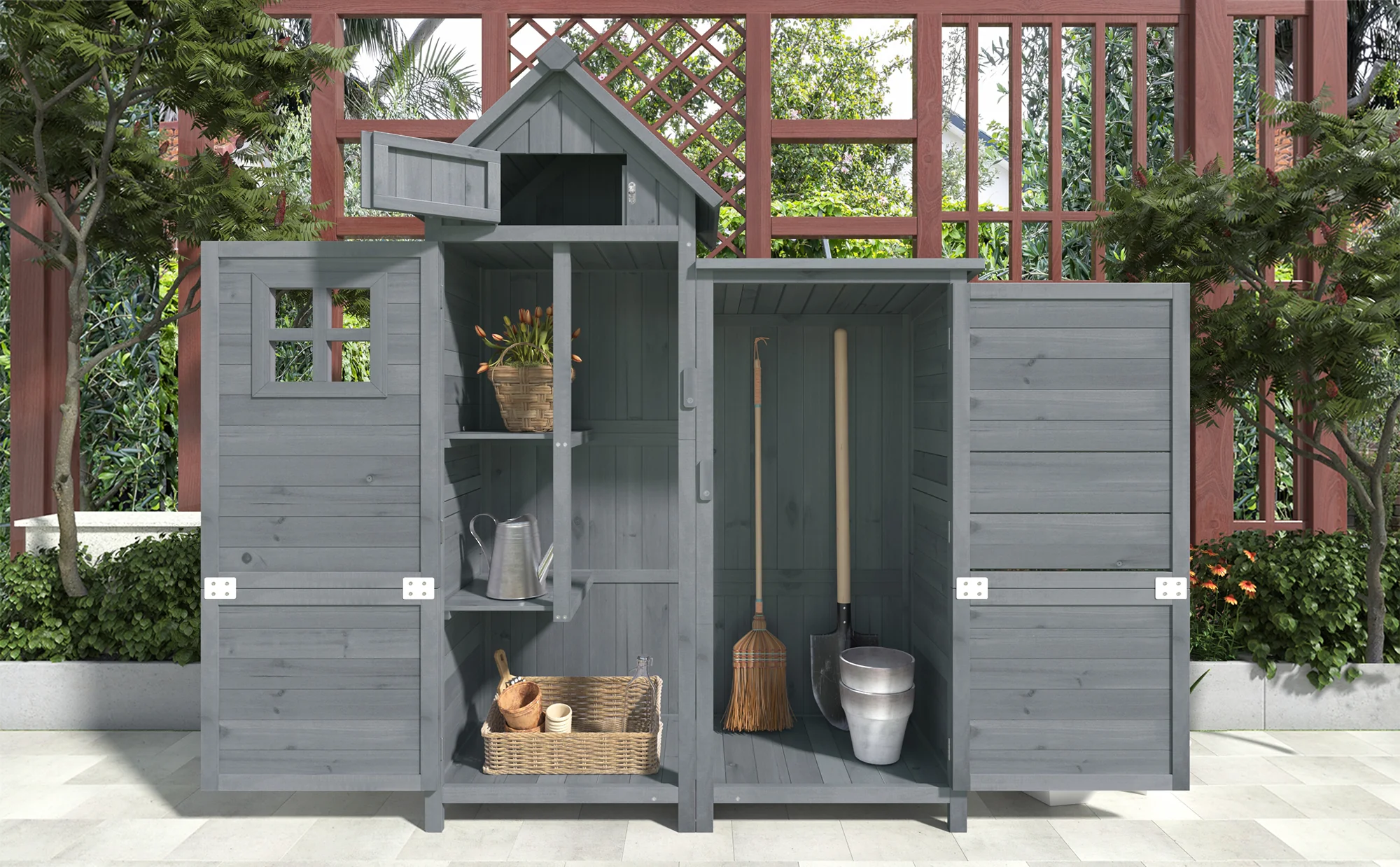 Outdoor Storage Shed with Weatherproof Double-Door and Large Storage, Grey Fir Wood - Image 4
