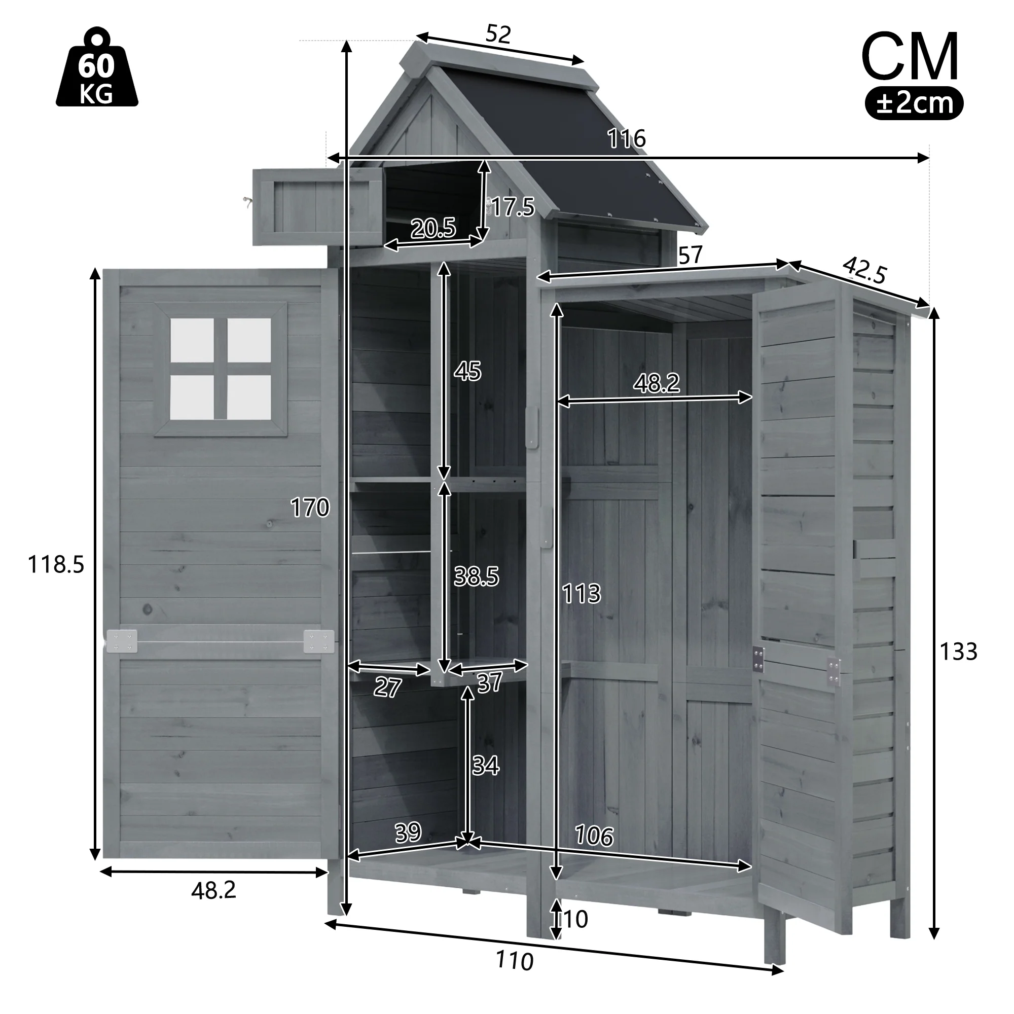 Outdoor Storage Shed with Weatherproof Double-Door and Large Storage, Grey Fir Wood - Image 5