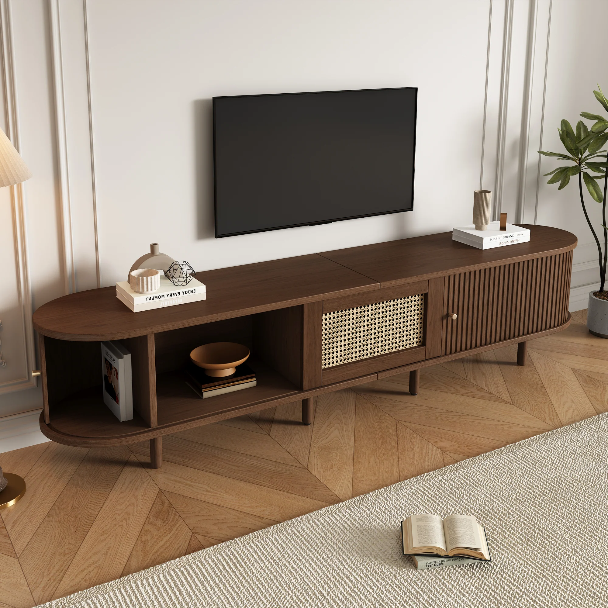 Oval TV Stand 180cm Rattan Design Adjustable Feet Dark Walnut MDF - Image 2