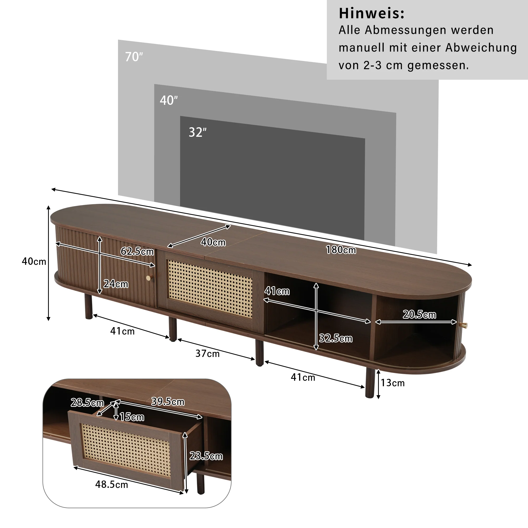 Oval TV Stand 180cm Rattan Design Adjustable Feet Dark Walnut MDF - Image 3