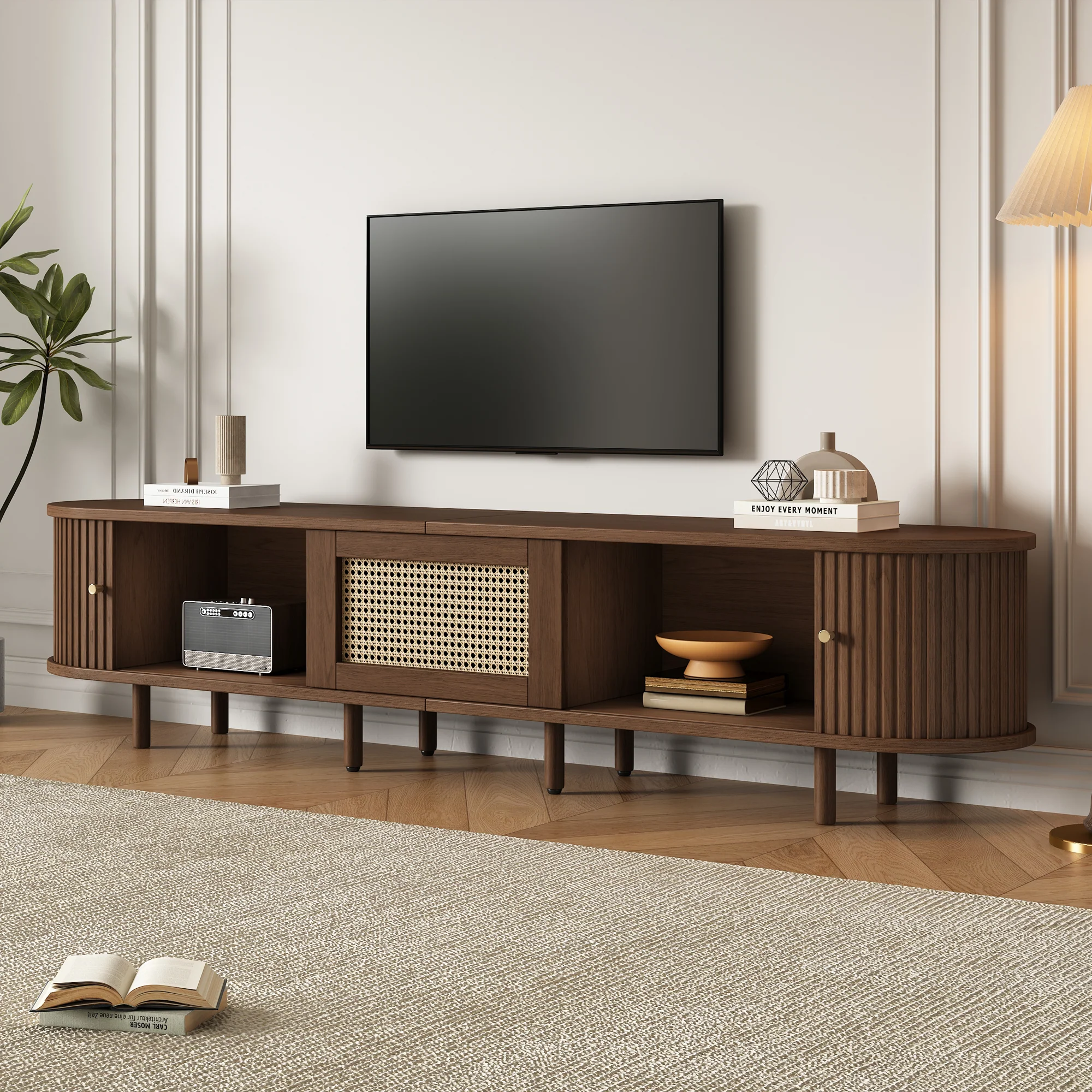 Oval TV Stand 180cm Rattan Design Adjustable Feet Dark Walnut MDF - Image 4