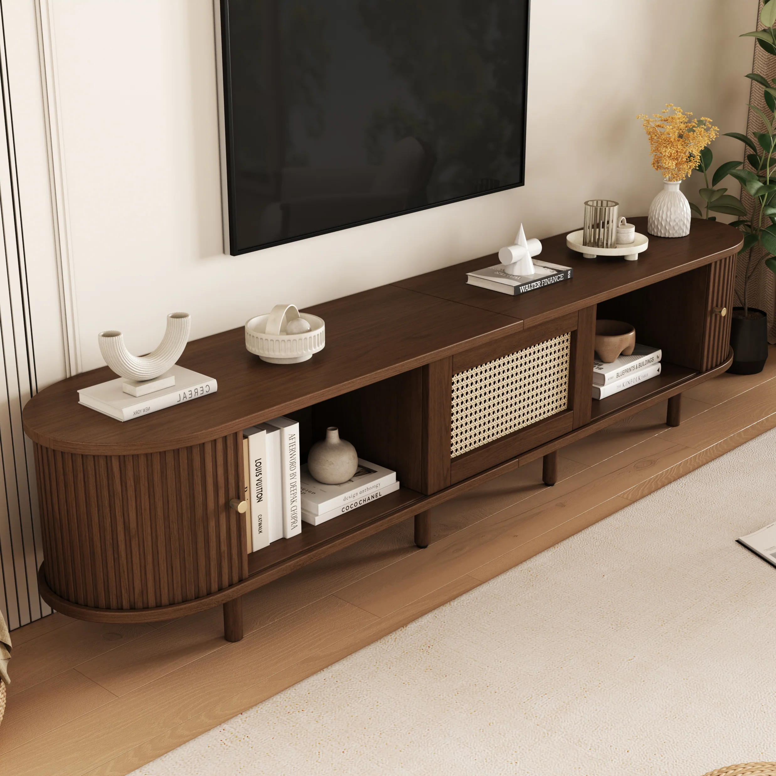 Oval TV Stand 180cm Rattan Design Adjustable Feet Dark Walnut MDF - Image 5