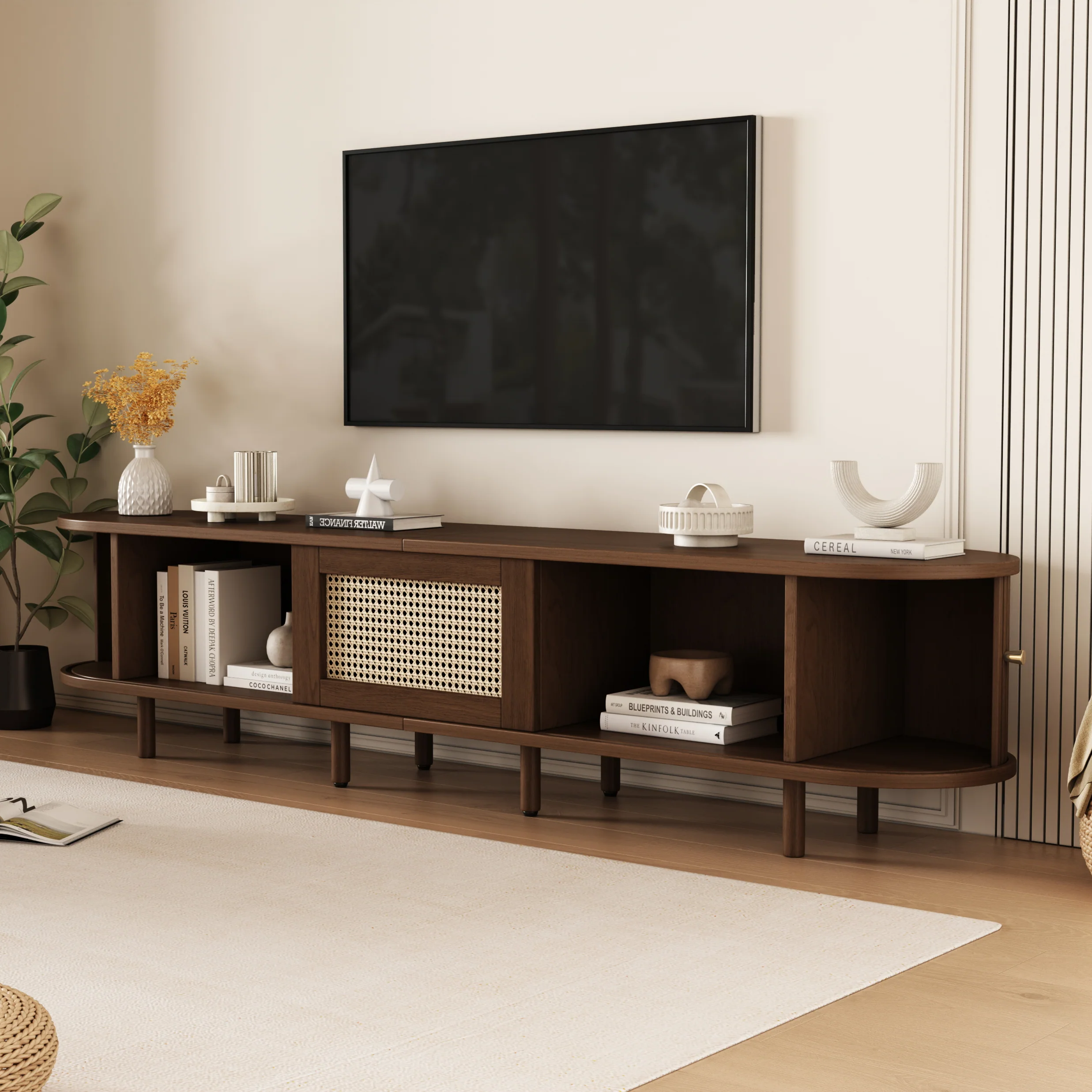 Oval TV Stand 180cm Rattan Design Adjustable Feet Dark Walnut MDF - Image 6